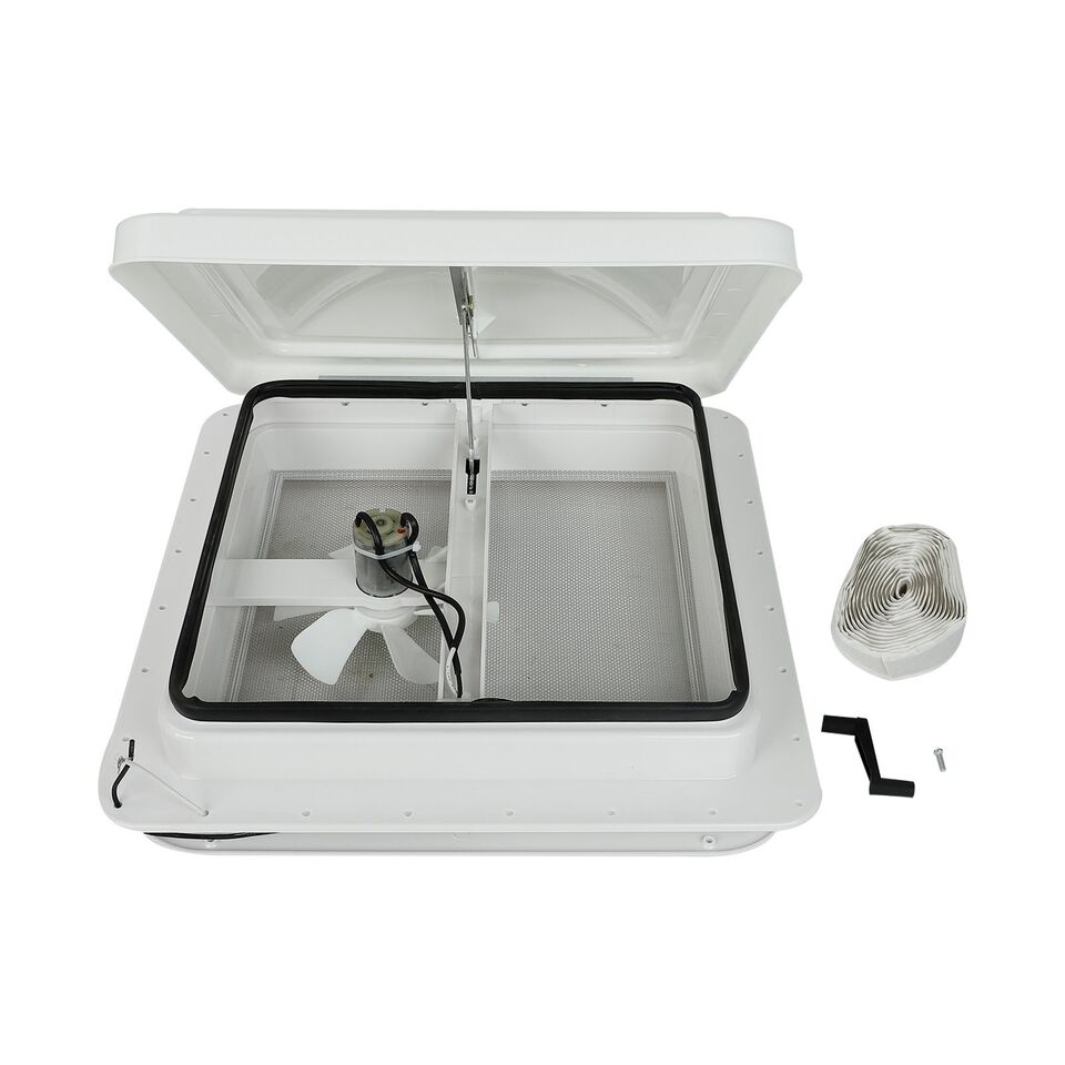 14" RV Trailer Roof Vent Complete 12V Fan w/ Tape White Lid Interior Garnish - Parts Agent