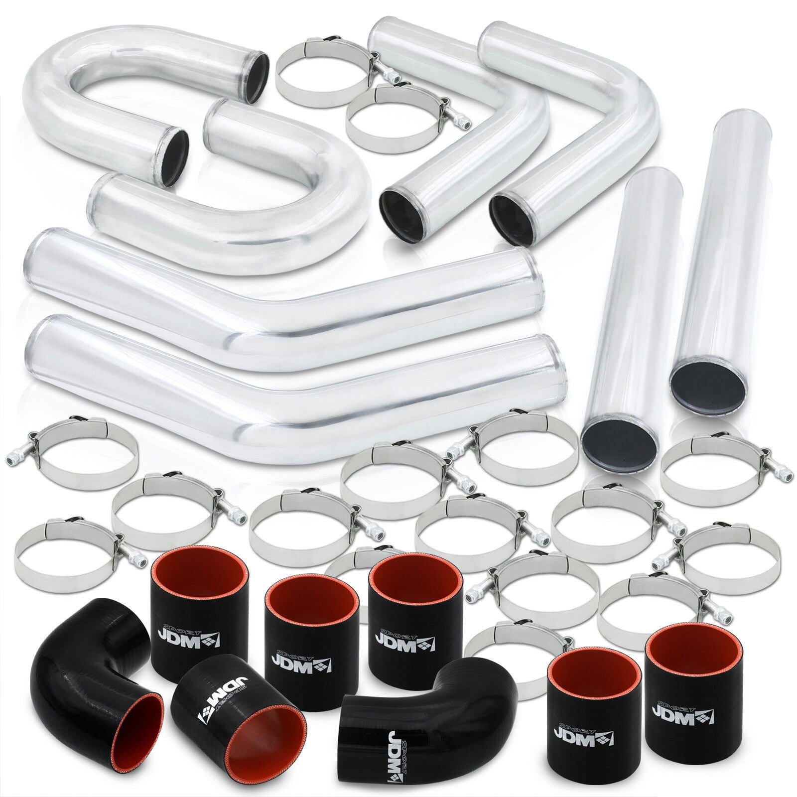 2.5" Universal (8 Piece) Chrome Aluminum Piping Kit with U Bend with 16 T-Bolt Clamps + Silicone Black Red Couplers - Parts Agent