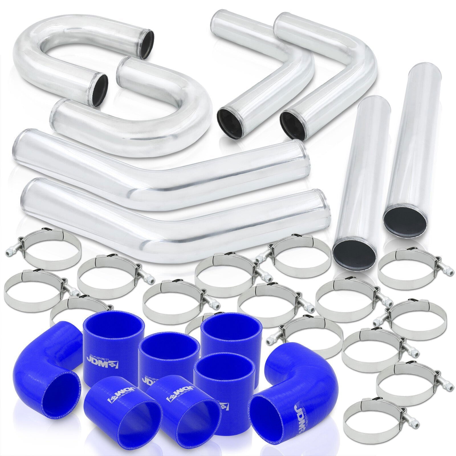 2.5" Universal (8 Piece) Chrome Aluminum Piping Kit with U Bend with 16 T-Bolt Clamps + Silicone Blue Couplers - Parts Agent