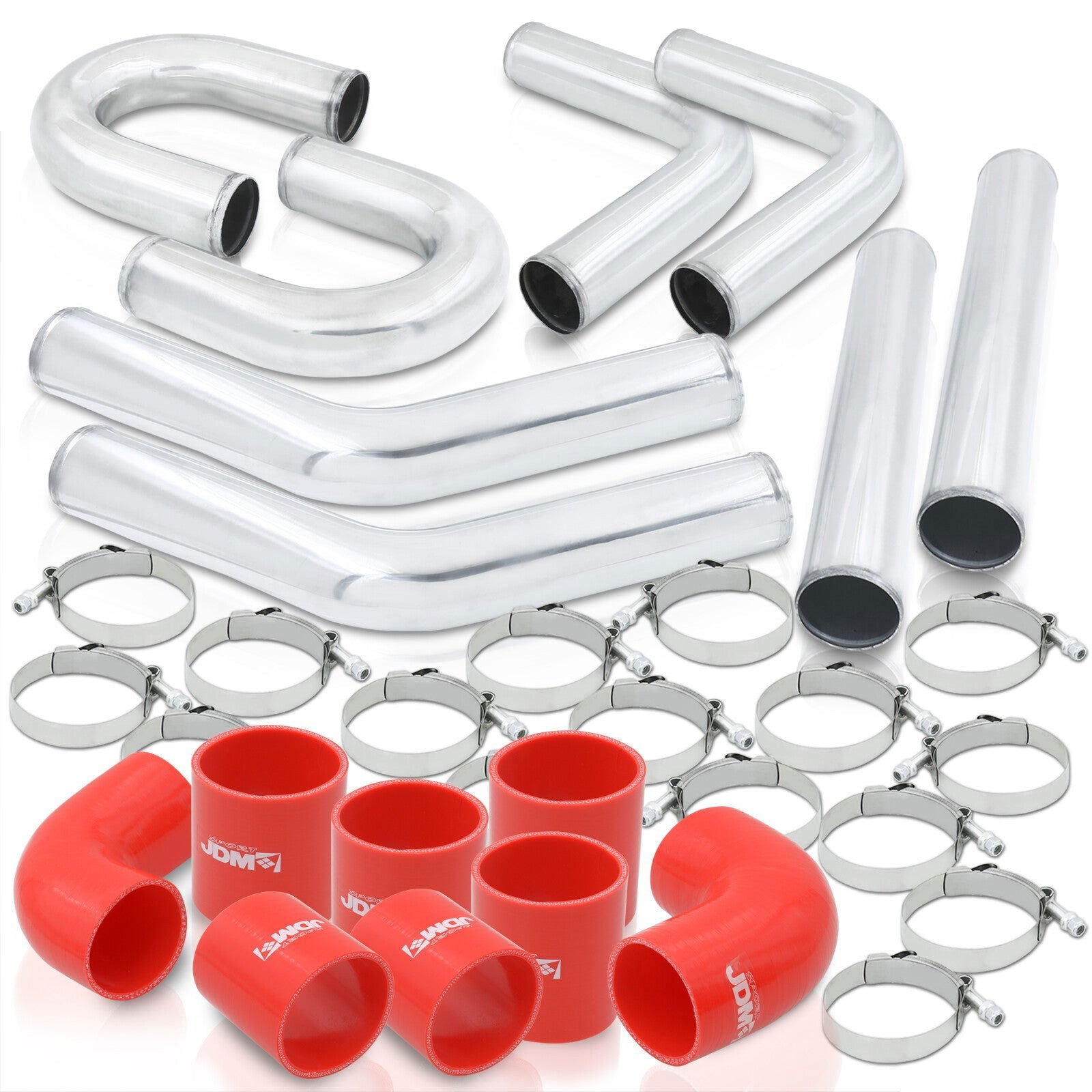 2.5" Universal (8 Piece) Chrome Aluminum Piping Kit with U Bend with 16 T-Bolt Clamps + Silicone Red Couplers - Parts Agent