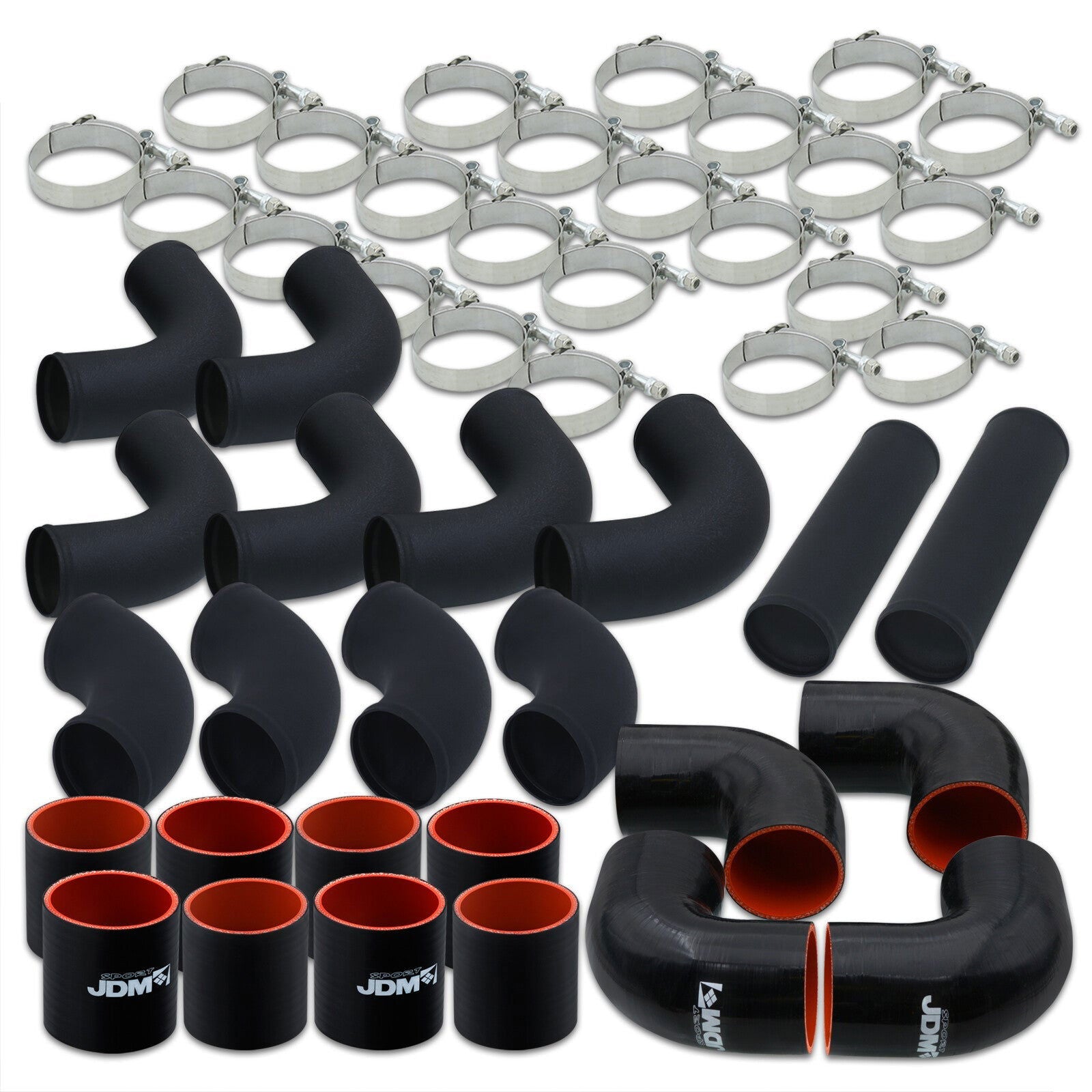 3" Universal (12 Piece) Black Aluminum Piping Kit with 24 T-Bolt Clamps + Silicone Black Red Couplers - Parts Agent