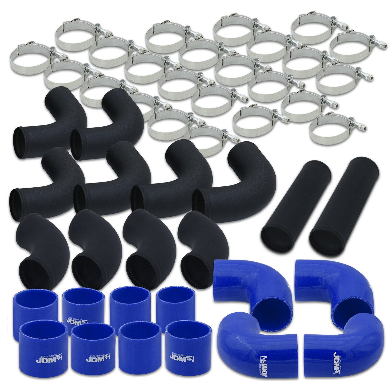 3" Universal (12 Piece) Black Aluminum Piping Kit with 24 T-Bolt Clamps + Silicone Blue Couplers - Parts Agent