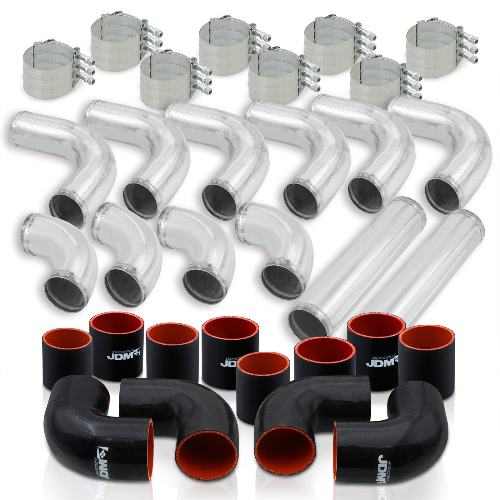 3" Universal (12 Piece) Chrome Aluminum Piping Kit with 24 T-Bolt Clamps + Silicone Black Red Couplers - Parts Agent