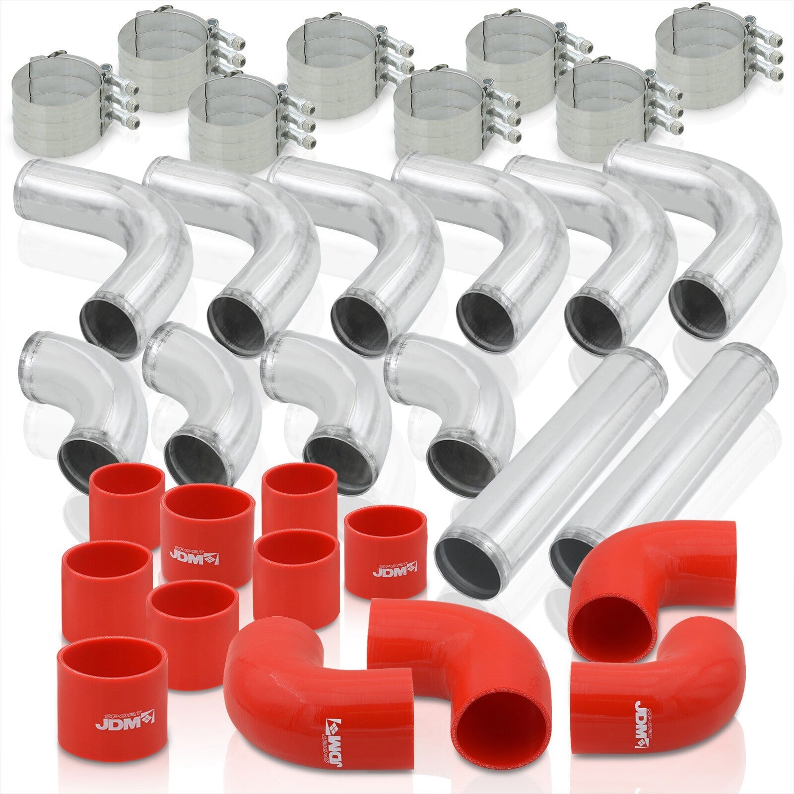3" Universal (12 Piece) Chrome Aluminum Piping Kit with 24 T-Bolt Clamps + Silicone Red Couplers - Parts Agent