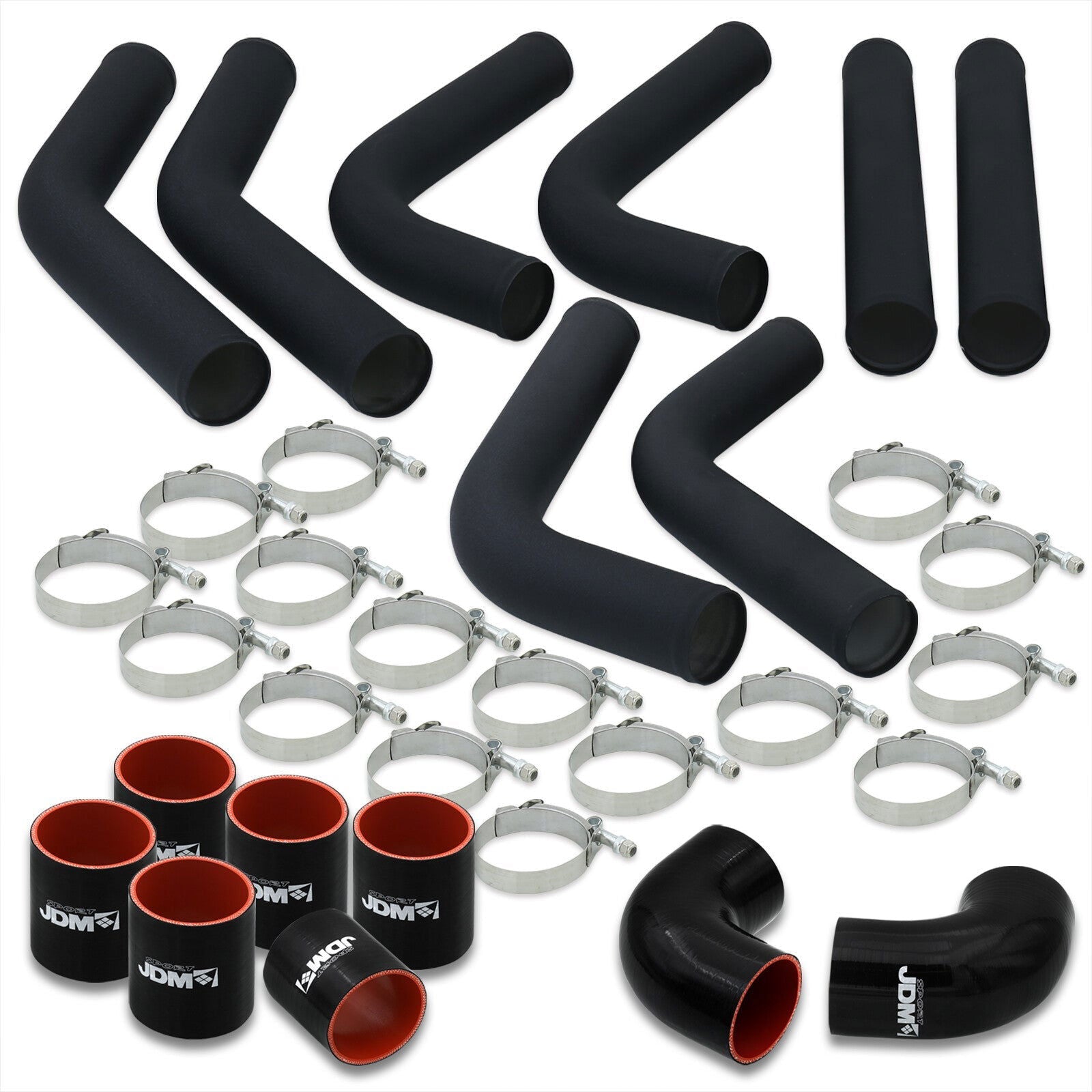 3" Universal (8 Piece) Black Aluminum Piping Kit with 16 T-Bolt Clamps + Silicone Black Red Couplers - Parts Agent
