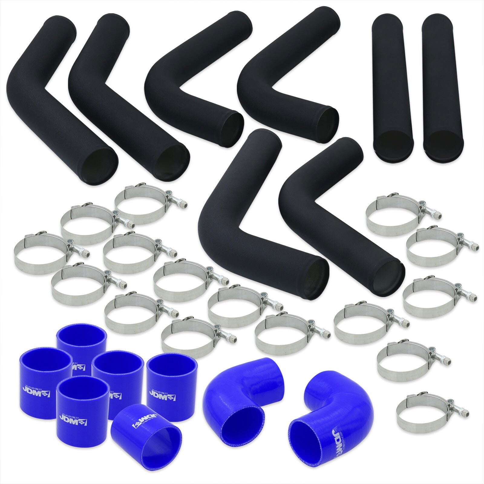 3" Universal (8 Piece) Black Aluminum Piping Kit with 16 T-Bolt Clamps + Silicone Blue Couplers - Parts Agent