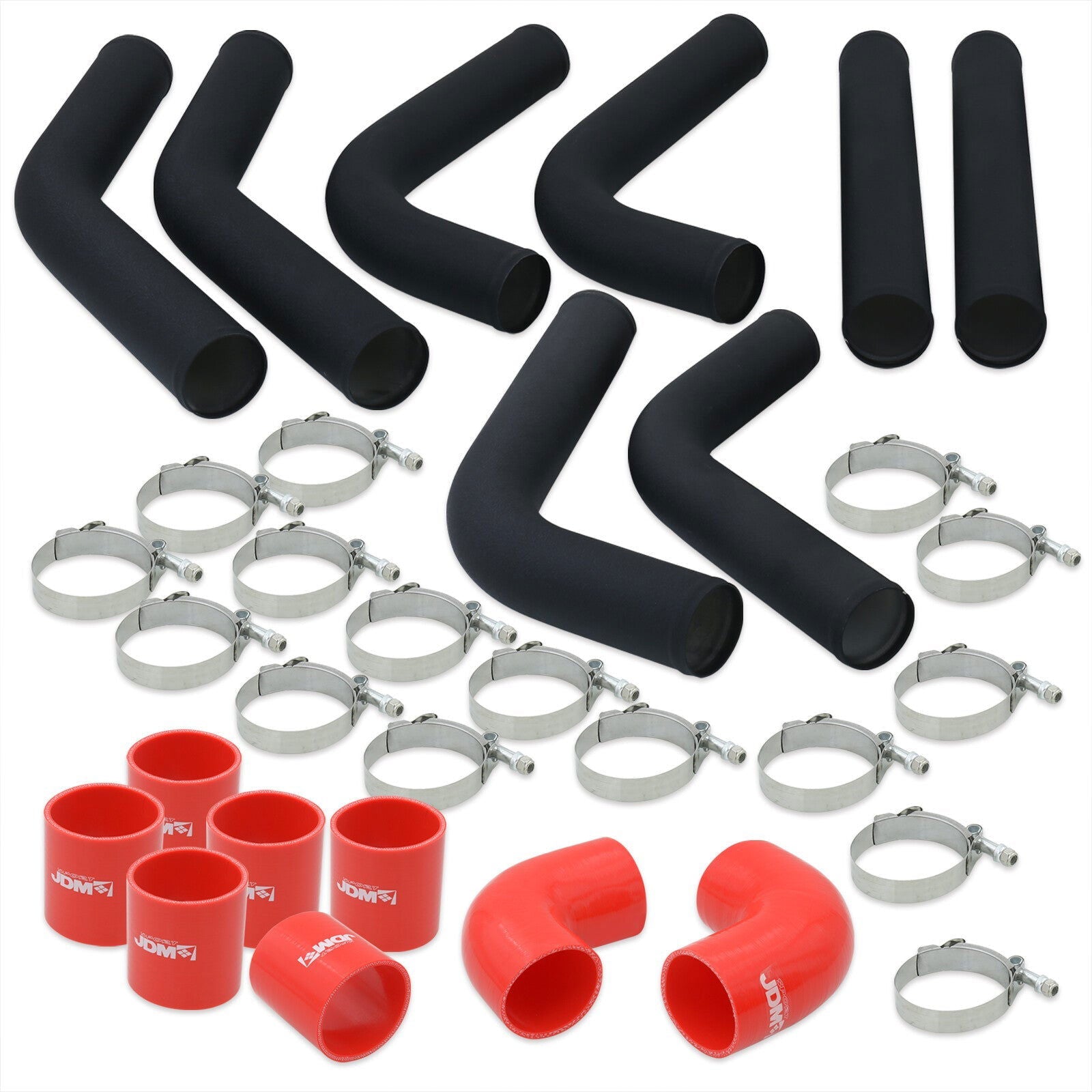 3" Universal (8 Piece) Black Aluminum Piping Kit with 16 T-Bolt Clamps + Silicone Red Couplers - Parts Agent