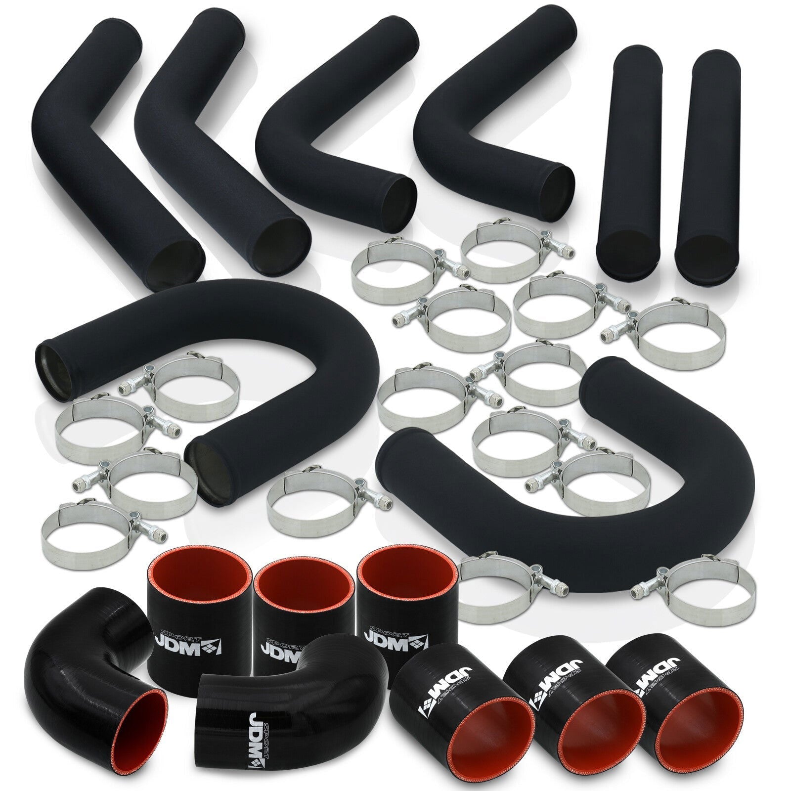 3" Universal (8 Piece) Black Aluminum Piping Kit with U Bend with 16 T-Bolt Clamps + Silicone Black Red Couplers - Parts Agent