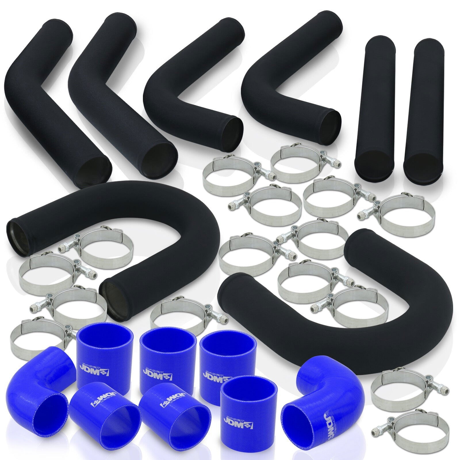 3" Universal (8 Piece) Black Aluminum Piping Kit with U Bend with 16 T-Bolt Clamps + Silicone Blue Couplers - Parts Agent
