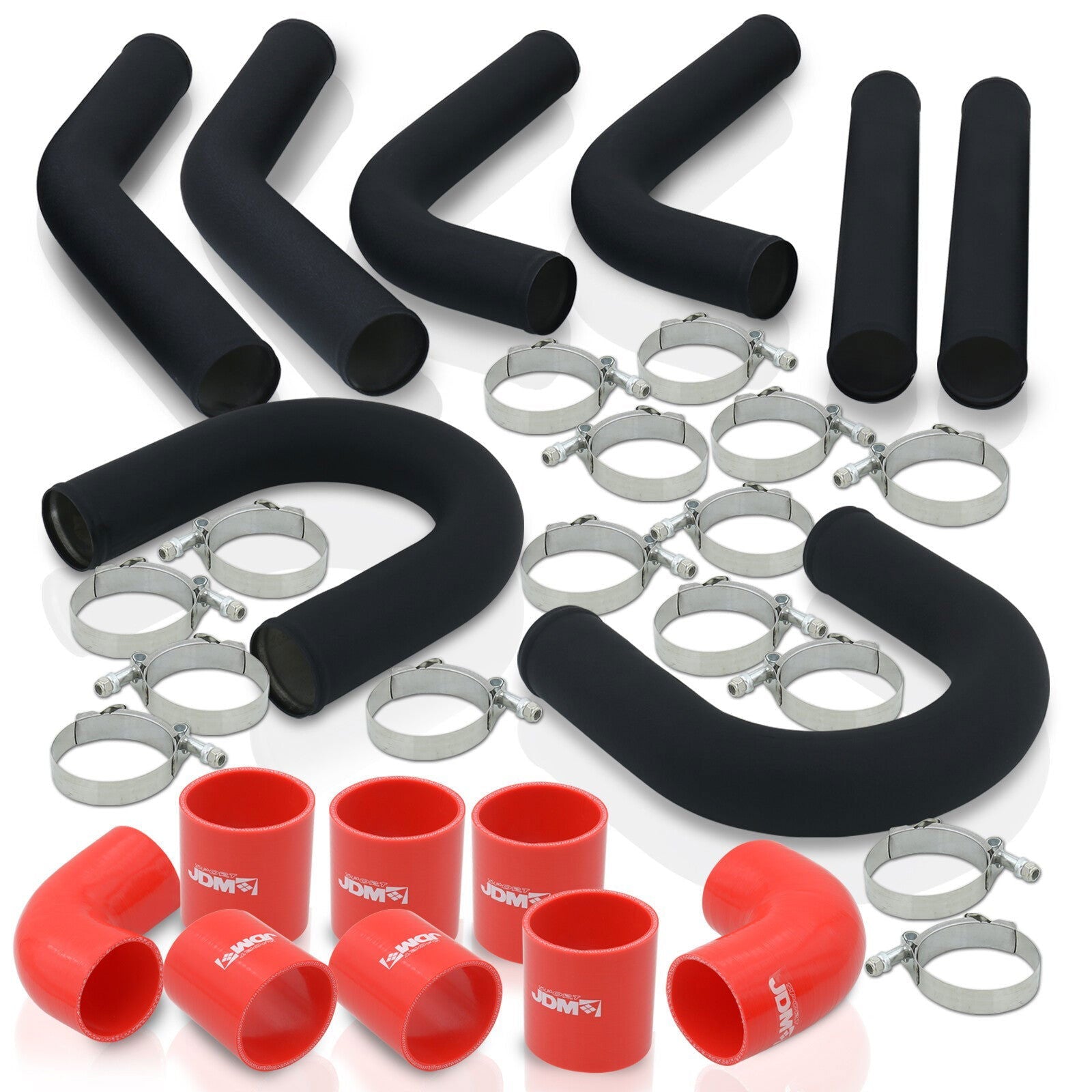 3" Universal (8 Piece) Black Aluminum Piping Kit with U Bend with 16 T-Bolt Clamps + Silicone Red Couplers - Parts Agent