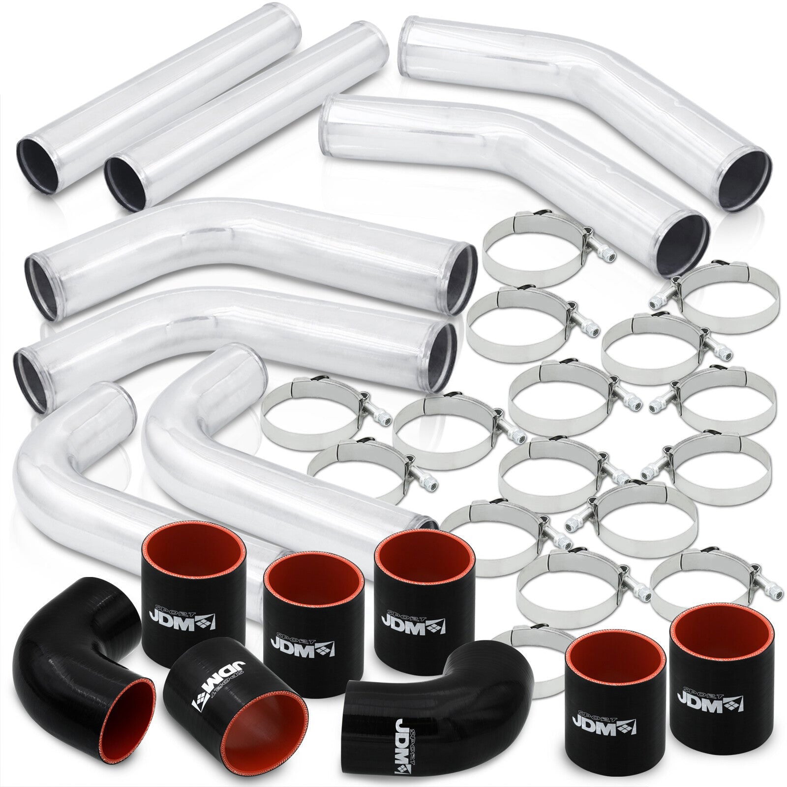 3" Universal (8 Piece) Chrome Aluminum Piping Kit with 16 T-Bolt Clamps + Silicone Black Red Couplers - Parts Agent
