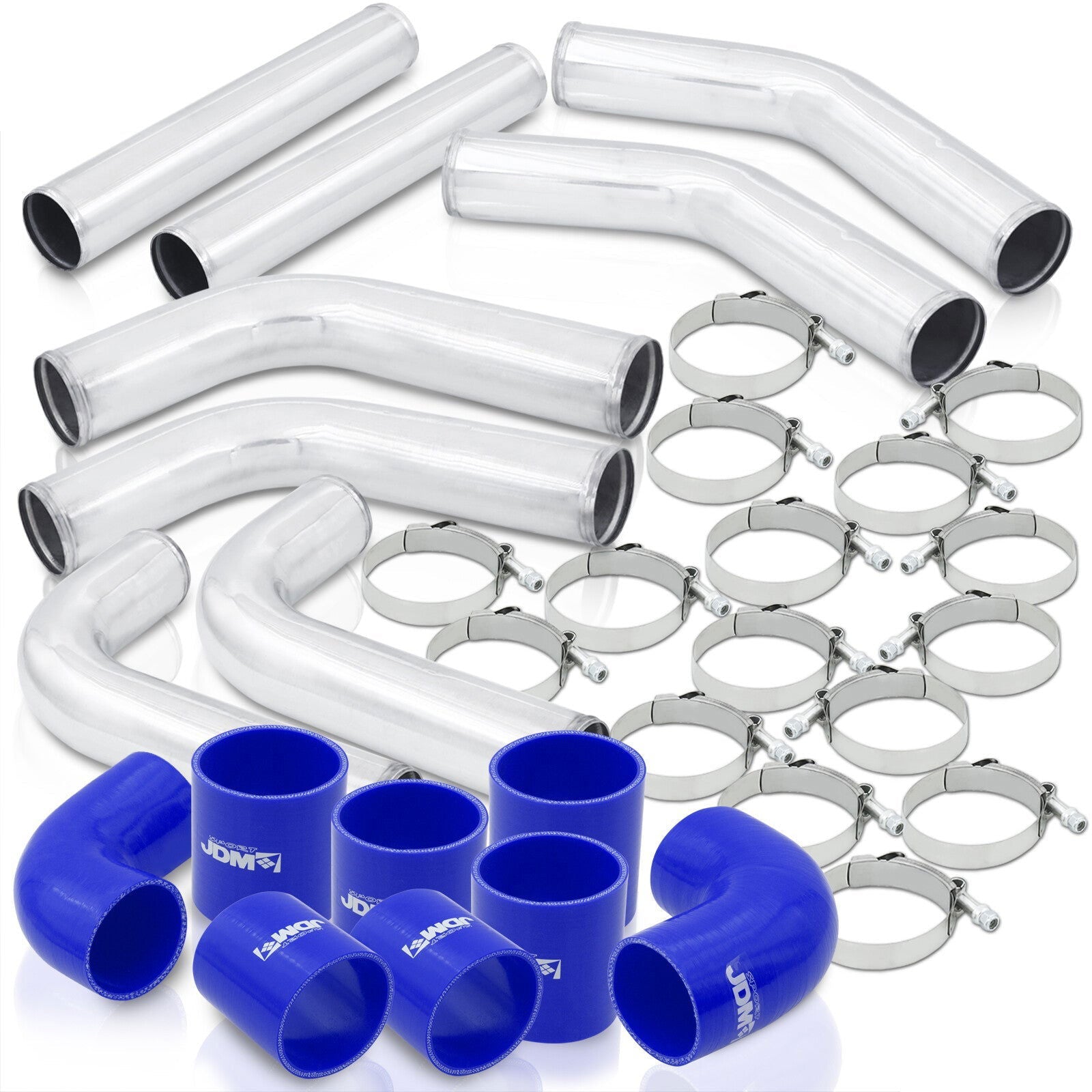 3" Universal (8 Piece) Chrome Aluminum Piping Kit with 16 T-Bolt Clamps + Silicone Blue Couplers - Parts Agent