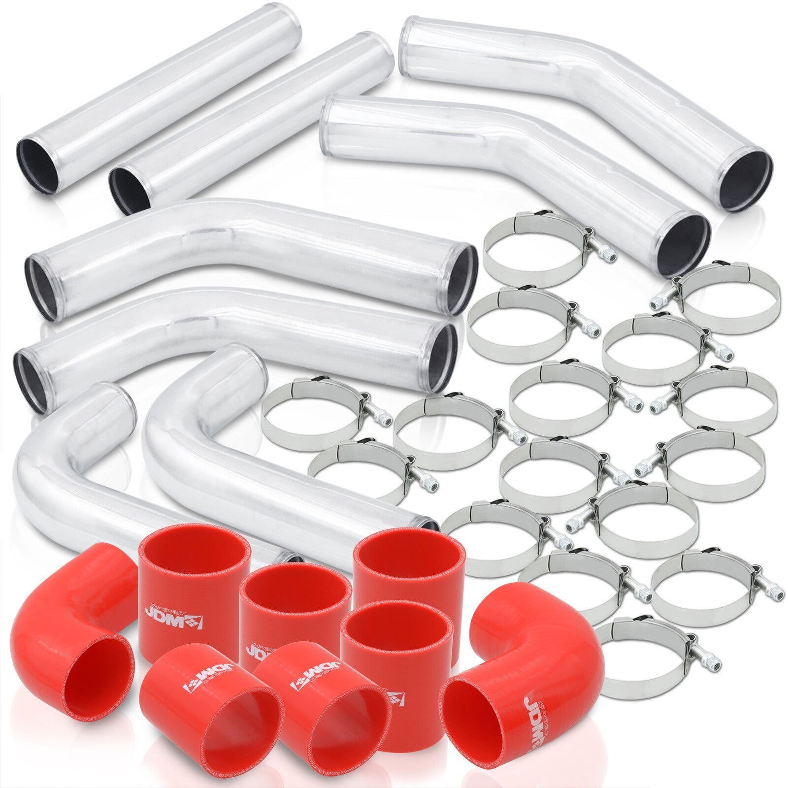 3" Universal (8 Piece) Chrome Aluminum Piping Kit with 16 T-Bolt Clamps + Silicone Red Couplers - Parts Agent