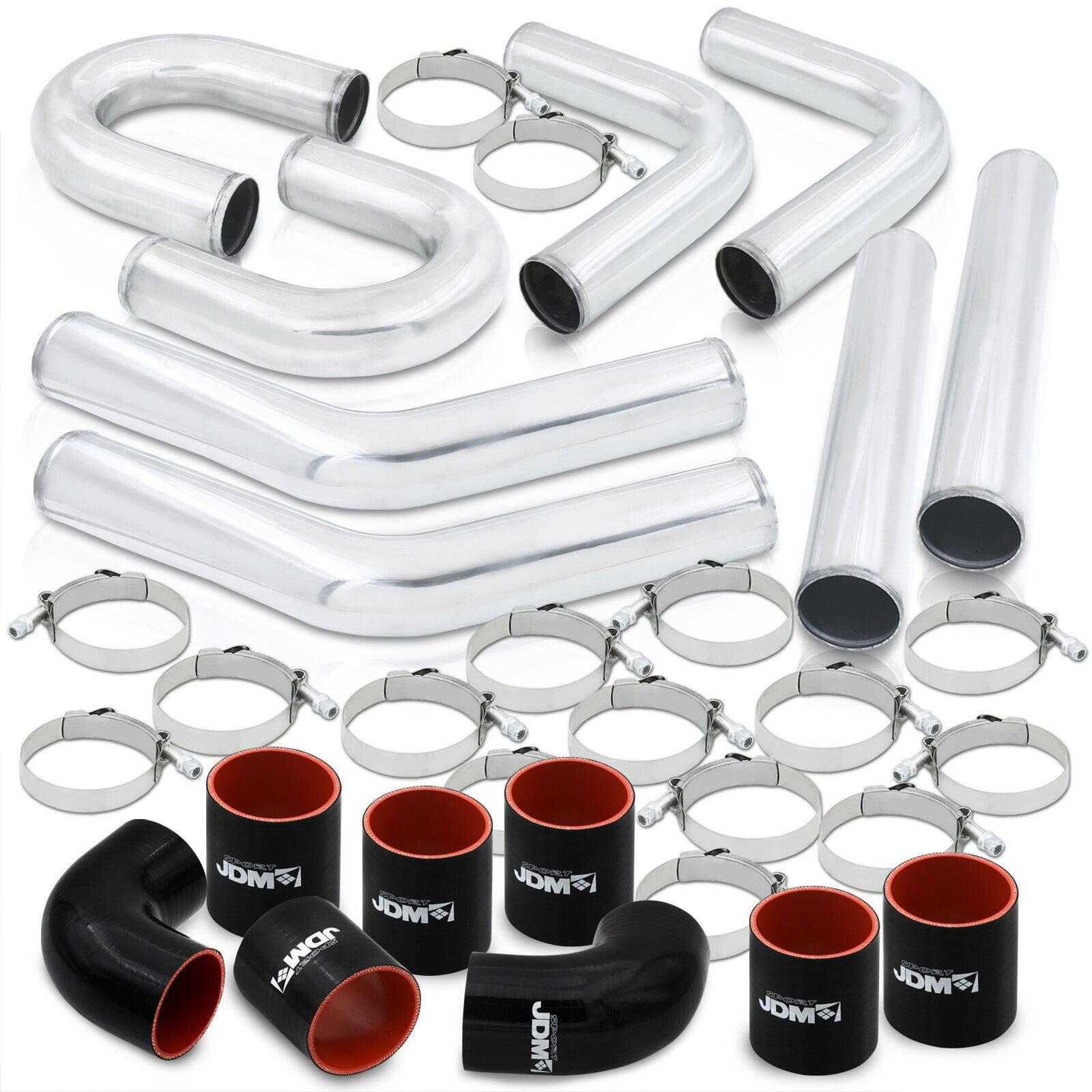 3" Universal (8 Piece) Chrome Aluminum Piping Kit with U Bend with 16 T-Bolt Clamps + Silicone Black Red Couplers - Parts Agent