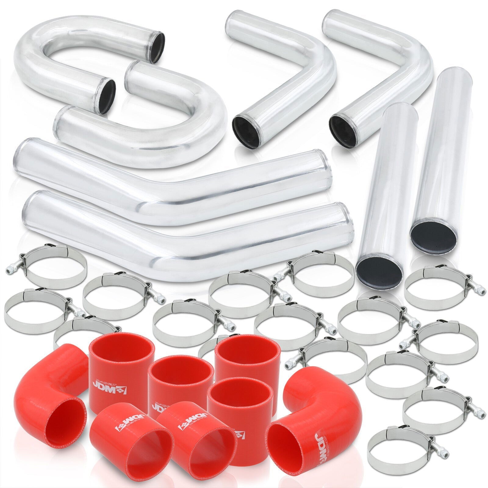 3" Universal (8 Piece) Chrome Aluminum Piping Kit with U Bend with 16 T-Bolt Clamps + Silicone Red Couplers - Parts Agent