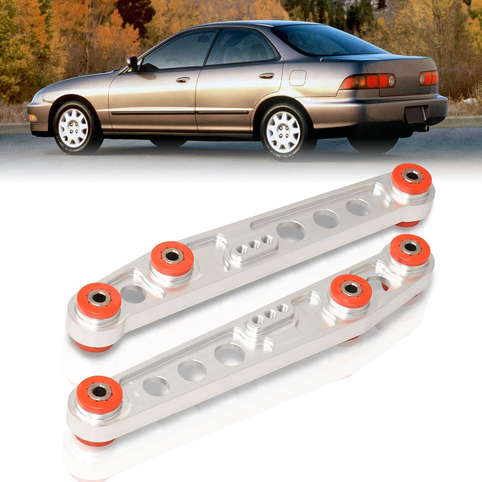 Acura Integra 1994-2001 / Honda Civic 1988-1995 / CRX 1988-1991 / Del Sol 1993-1997 Rear Lower Control Arms Polished with Red Bushings - Parts Agent