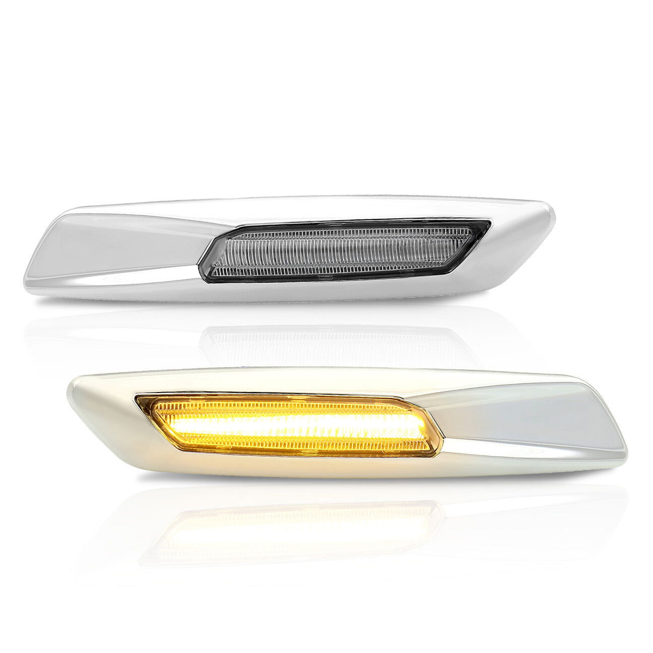 BMW 3 Series E60 E61 E82 E88 E90 E91 E92 E93 (Non-M3 Models) 2004-2010 Front Amber Sequential LED Side Marker Lights Clear Len + 3D Silver Chrome Finishes (F10 Style) - Parts Agent