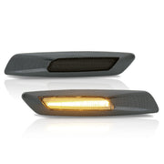 BMW 3 Series E60 E61 E82 E88 E90 E91 E92 E93 (Non-M3 Models) 2004-2010 Front Amber Sequential LED Side Marker Lights Smoke Len + 3D Carbon Finishes (F10 Style) - Parts Agent