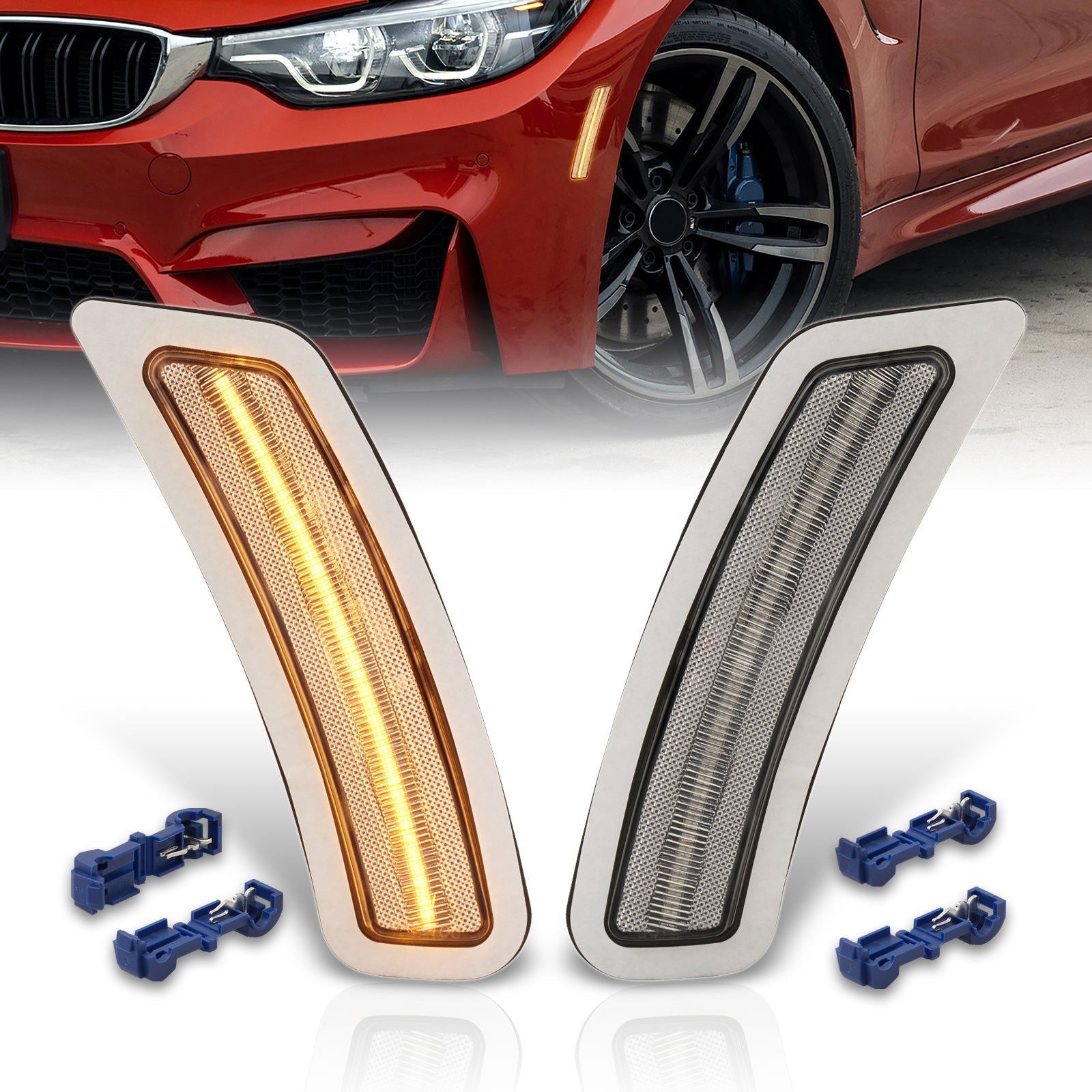 BMW 3 Series F80 M3 Sedan 2015-2018 / F82 F83 M4 Coupe 2014-2020 Front Bumper Amber LED Side Marker Reflector Lights Clear Len - Parts Agent
