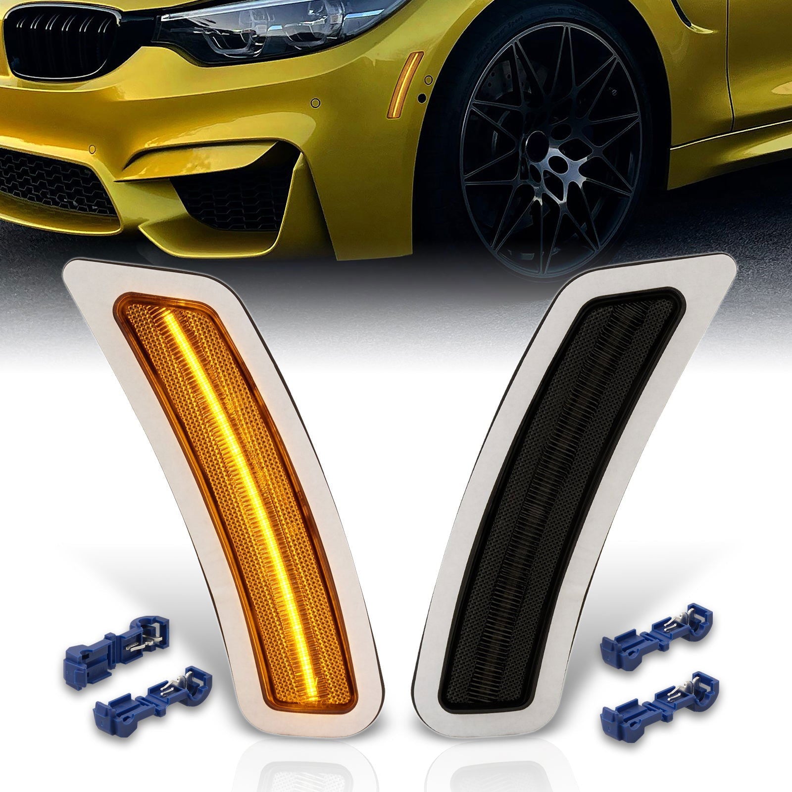 BMW 3 Series F80 M3 Sedan 2015-2018 / F82 F83 M4 Coupe 2014-2020 Front Bumper Amber LED Side Marker Reflector Lights Smoke Len - Parts Agent