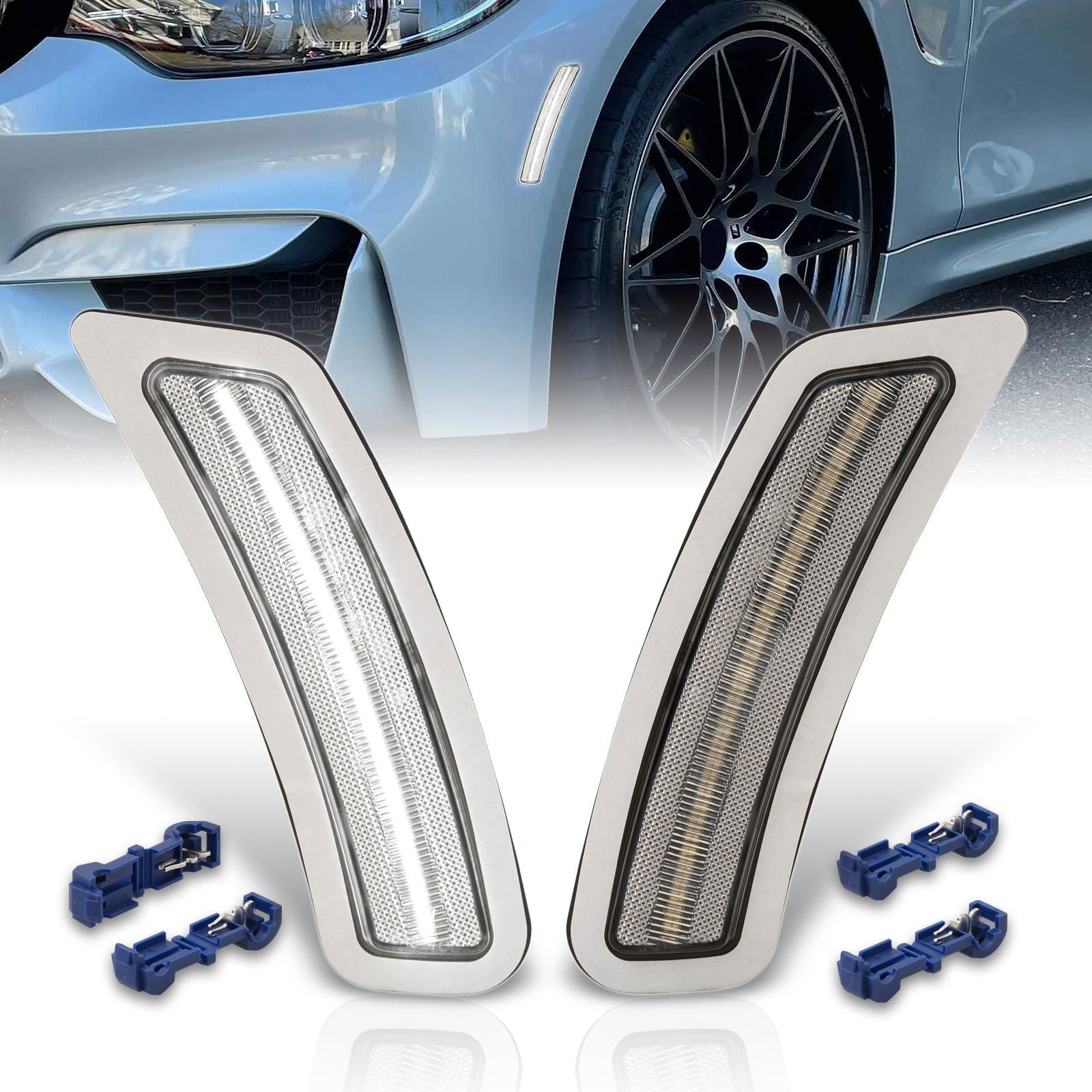 BMW 3 Series F80 M3 Sedan 2015-2018 / F82 F83 M4 Coupe 2014-2020 Front Bumper White LED Side Marker Reflector Lights Clear Len - Parts Agent