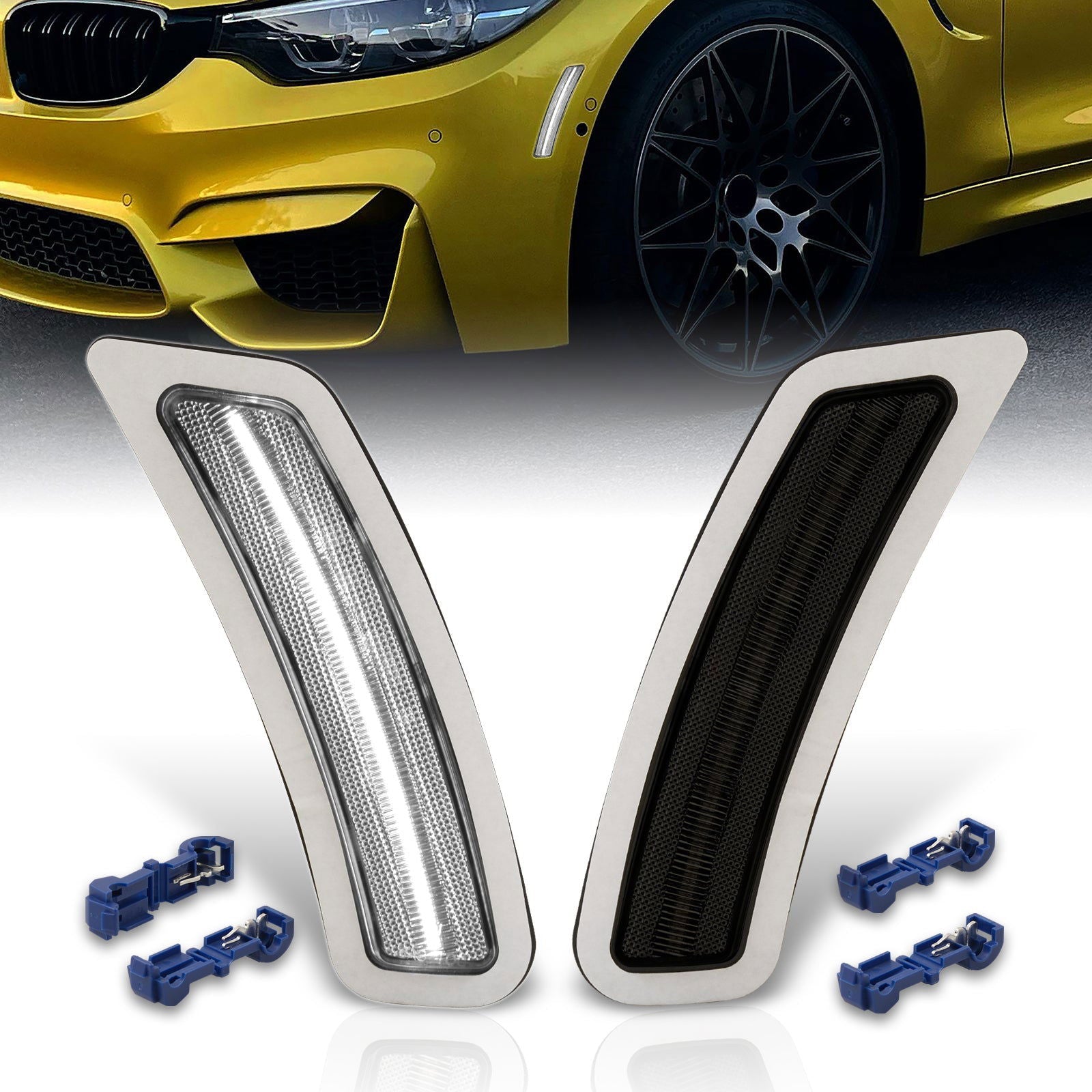BMW 3 Series F80 M3 Sedan 2015-2018 / F82 F83 M4 Coupe 2014-2020 Front Bumper White LED Side Marker Reflector Lights Smoke Len - Parts Agent
