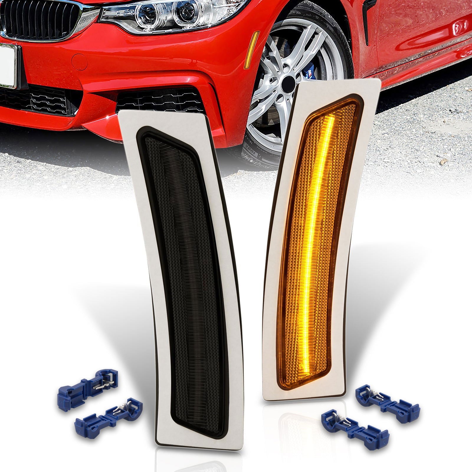 BMW 3 Series LCI F30 F31 (Base) 2016-2019 / F30 M Sport 2012-2015 / 4 Series F32 F33 F36 2014-2020 Front Bumper Amber LED Side Marker Reflector Lights Smoke Len - Parts Agent