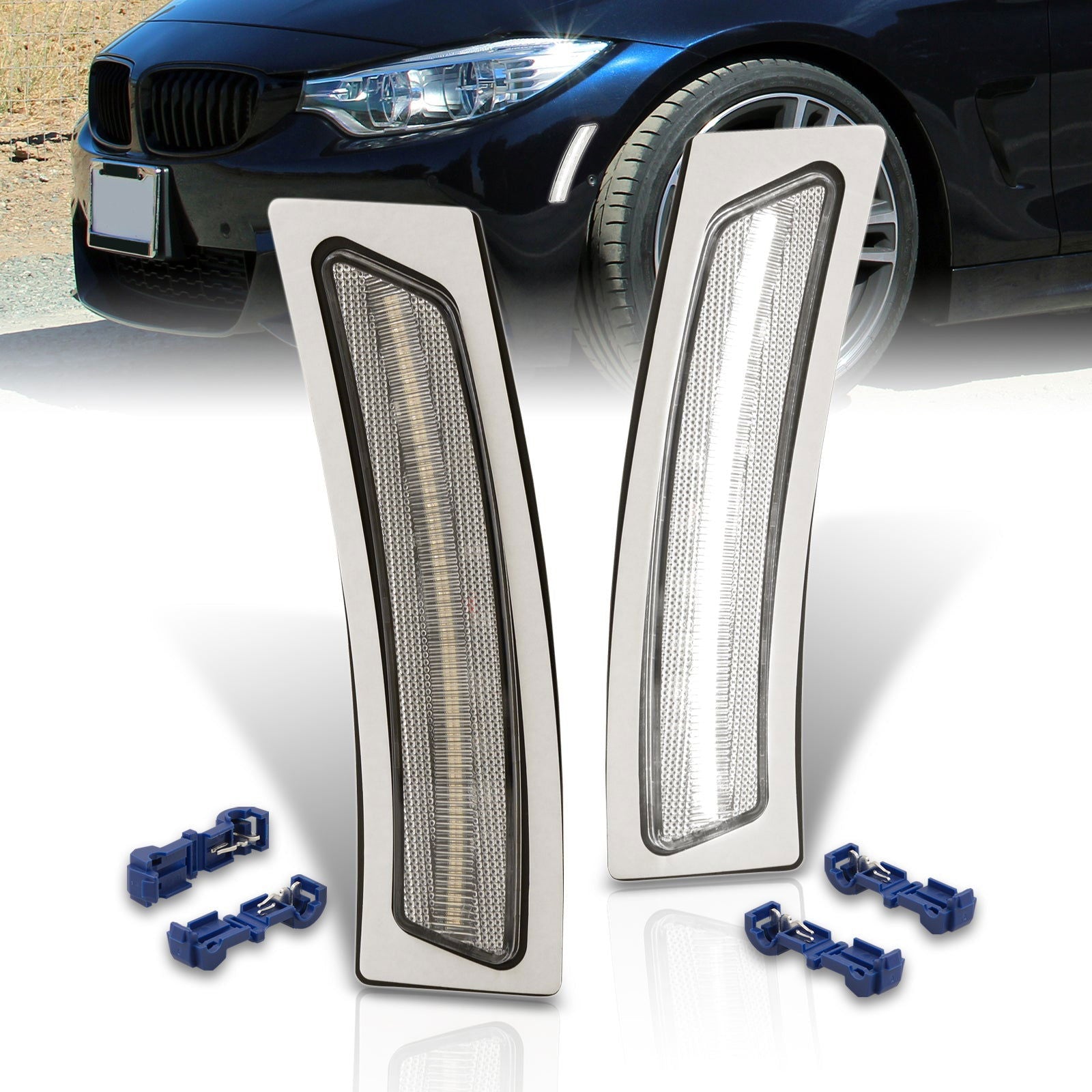 BMW 3 Series LCI F30 F31 (Base) 2016-2019 / F30 M Sport 2012-2015 / 4 Series F32 F33 F36 2014-2020 Front Bumper White LED Side Marker Reflector Lights Clear Len - Parts Agent