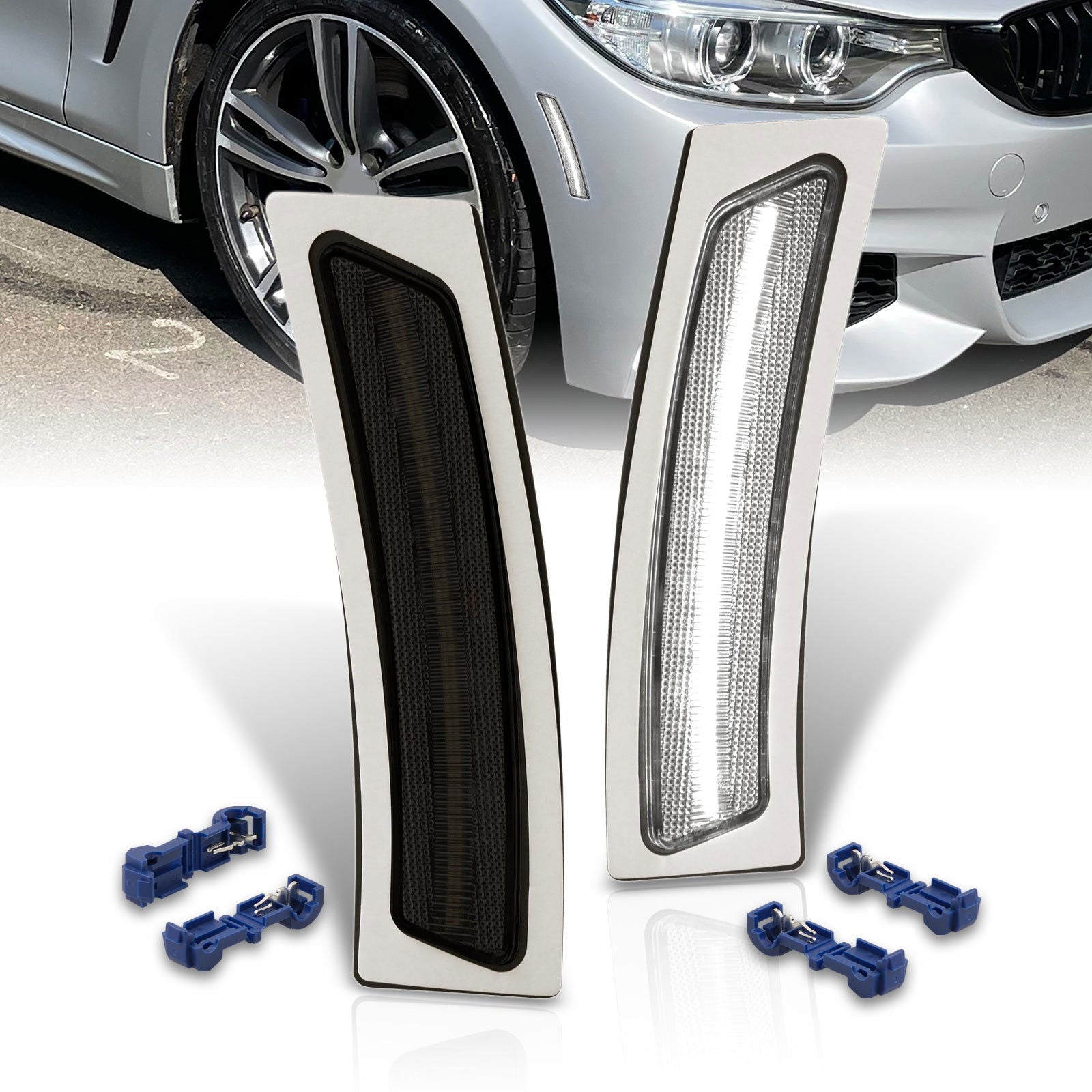 BMW 3 Series LCI F30 F31 (Base) 2016-2019 / F30 M Sport 2012-2015 / 4 Series F32 F33 F36 2014-2020 Front Bumper White LED Side Marker Reflector Lights Smoke Len - Parts Agent