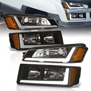 Chevrolet Avalanche (Plastic Body Cladding Models Only) 2002-2006 LED DRL Bar Factory Style Headlights + Bumpers Black Housing Clear Len Amber Reflector - Parts Agent