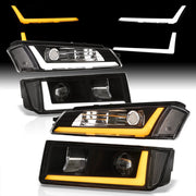 Chevrolet Avalanche (Plastic Body Cladding Models Only) 2002-2006 Sequential LED DRL Bar Projector Headlights + Bumpers Black Housing Clear Len Clear Reflector - Parts Agent