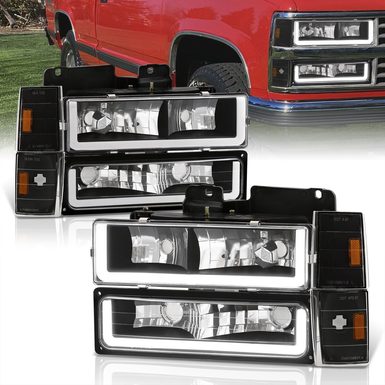 Chevrolet C/K 1500 2500 3500 1988-1993 LED DRL Bar Factory Style Headlights + Bumpers + Corners Black Housing Clear Len Amber Reflector - Parts Agent