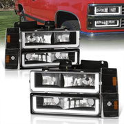 Chevrolet C/K 1500 2500 3500 1988-1993 LED DRL Bar Factory Style Headlights + Bumpers + Corners Black Housing Clear Len Amber Reflector - Parts Agent