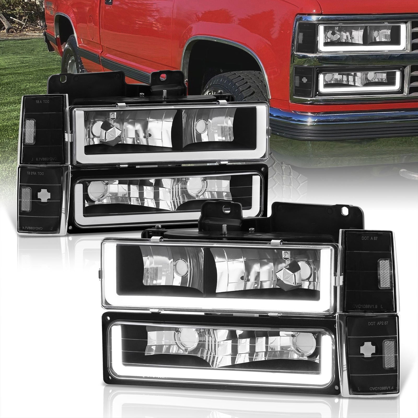 Chevrolet C/K 1500 2500 3500 1988-1993 LED DRL Bar Factory Style Headlights + Bumpers + Corners Black Housing Clear Len Clear Reflector - Parts Agent