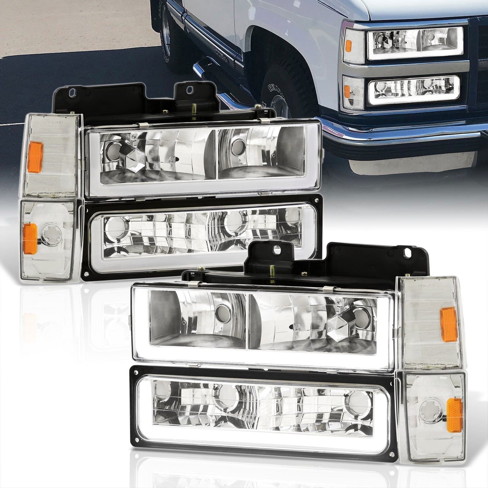 Chevrolet C/K 1500 2500 3500 1988-1993 LED DRL Bar Factory Style Headlights + Bumpers + Corners Chrome Housing Clear Len Amber Reflector - Parts Agent