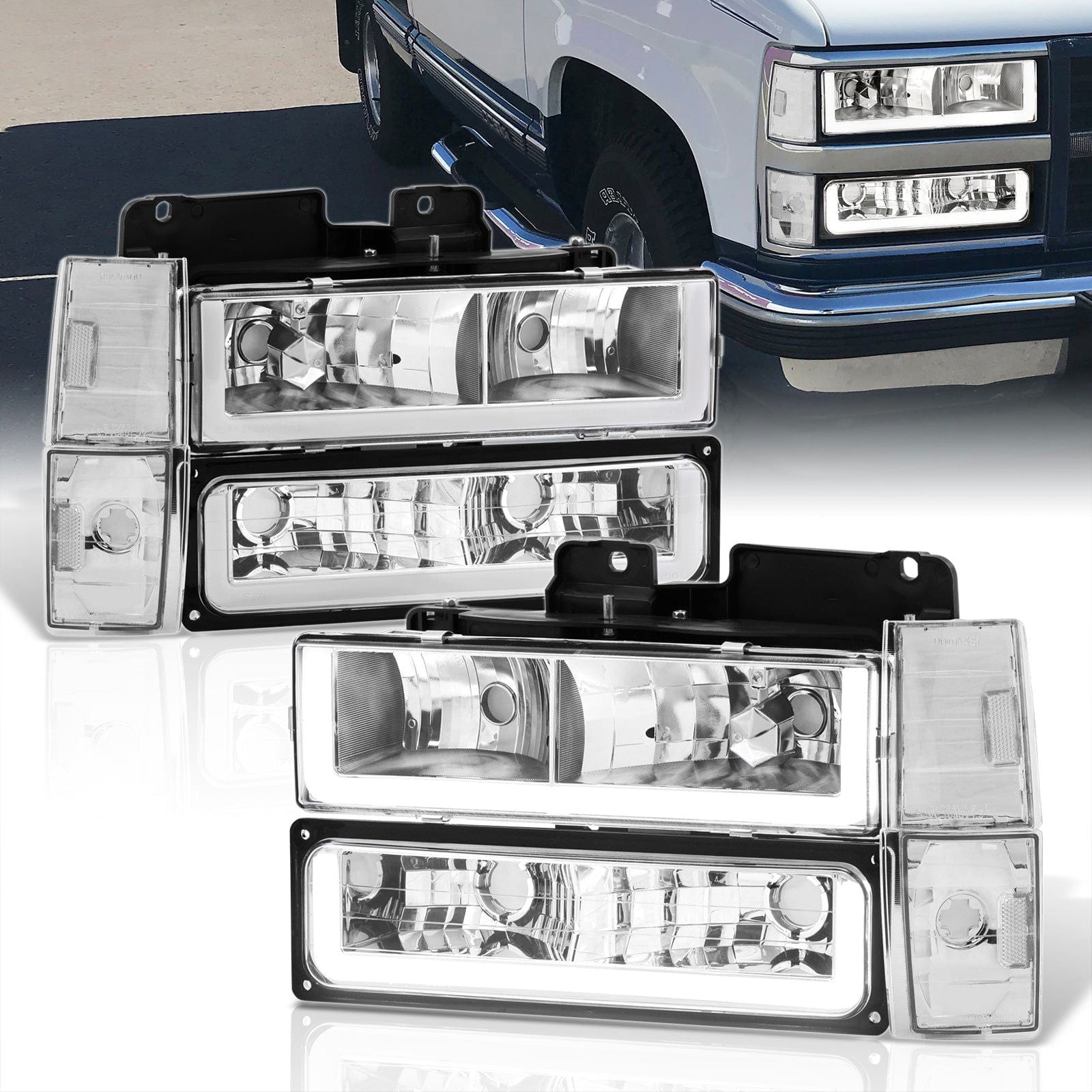 Chevrolet C/K 1500 2500 3500 1988-1993 LED DRL Bar Factory Style Headlights + Bumpers + Corners Chrome Housing Clear Len Clear Reflector - Parts Agent