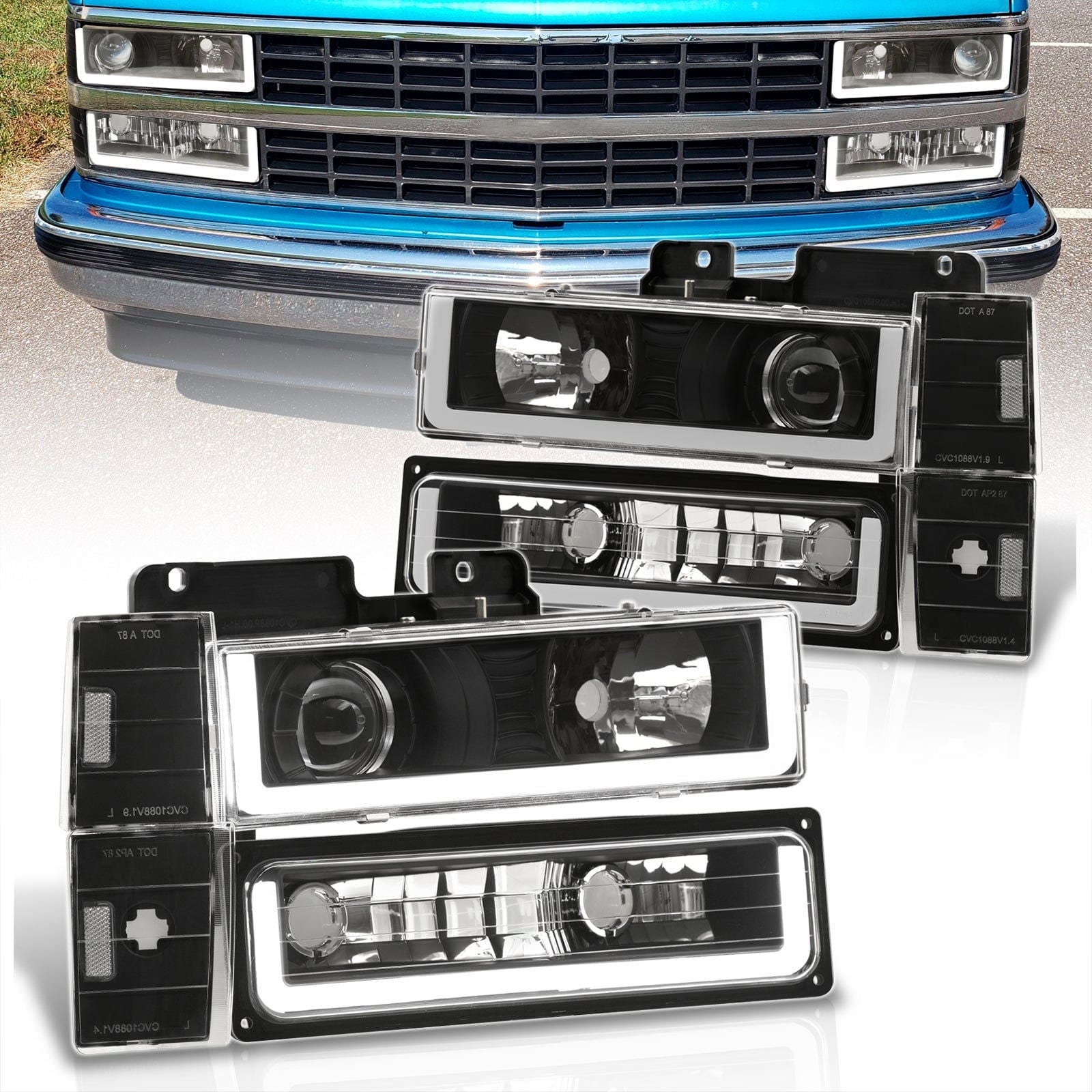 Chevrolet C/K 1500 2500 3500 1988-1993 LED DRL Bar Projector Headlights + Bumpers + Corners Black Housing Clear Len Clear Reflector - Parts Agent