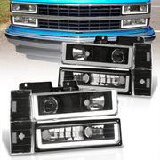 Chevrolet C/K 1500 2500 3500 1988-1993 LED DRL Bar Projector Headlights + Bumpers + Corners Black Housing Clear Len Clear Reflector - Parts Agent