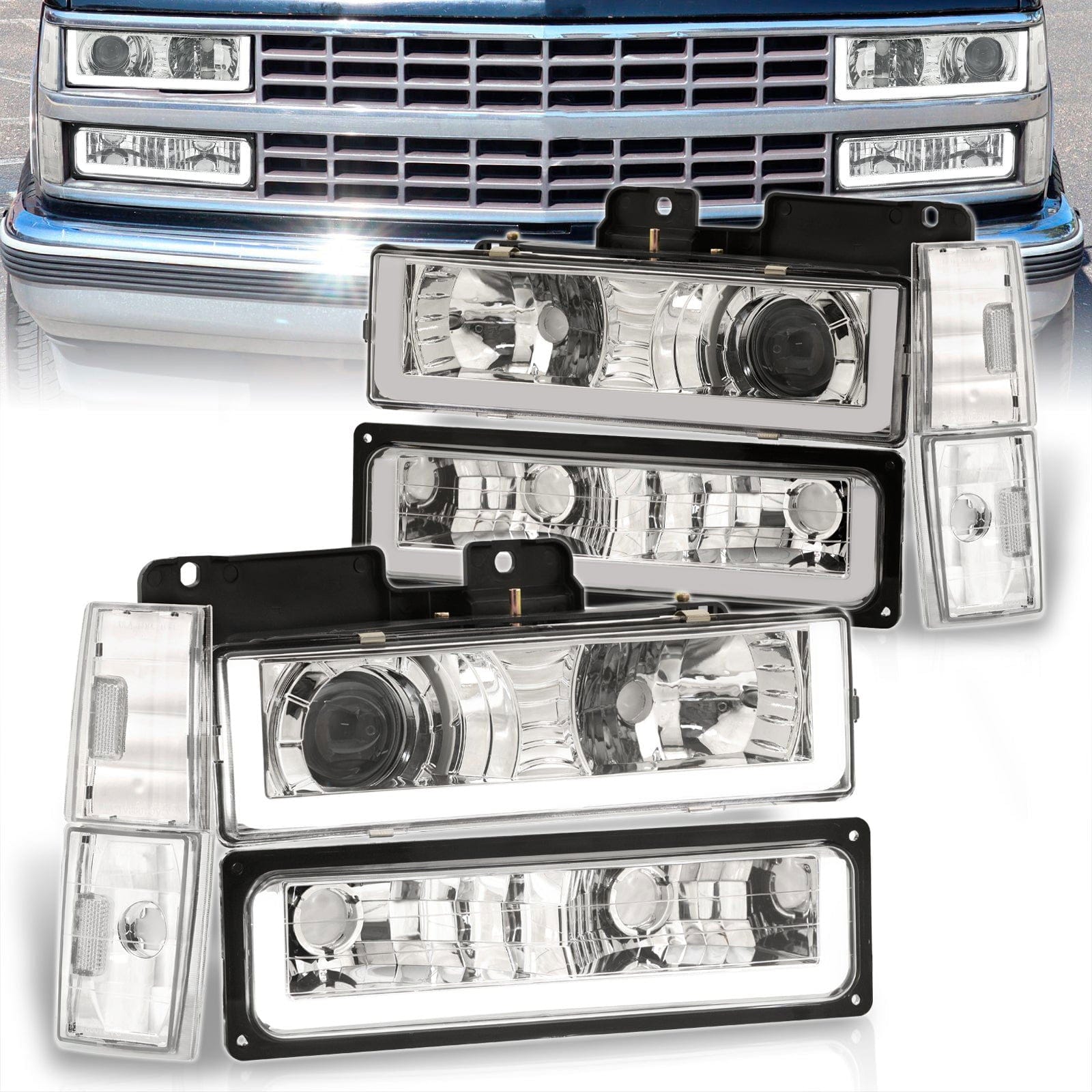 Chevrolet C/K 1500 2500 3500 1988-1993 LED DRL Bar Projector Headlights + Bumpers + Corners Chrome Housing Clear Len Clear Reflector - Parts Agent