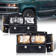 Chevrolet C/K 1500 2500 3500 1994-1998 Factory Style Headlights + Bumper + Corner Lights Black Housing Clear Len Amber Reflector - Parts Agent