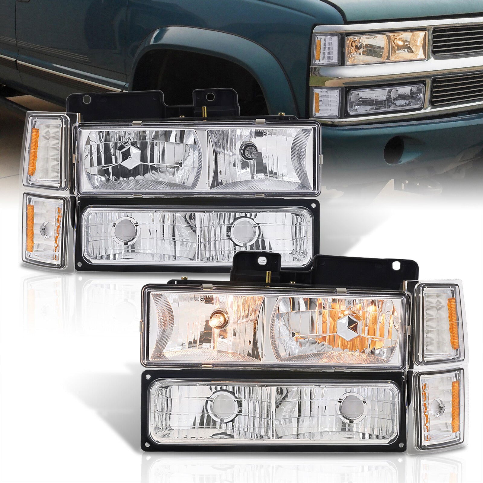 Chevrolet C/K 1500 2500 3500 1994-1998 Factory Style Headlights + Bumper + Corner Lights Chrome Housing Clear Len Amber Reflector - Parts Agent