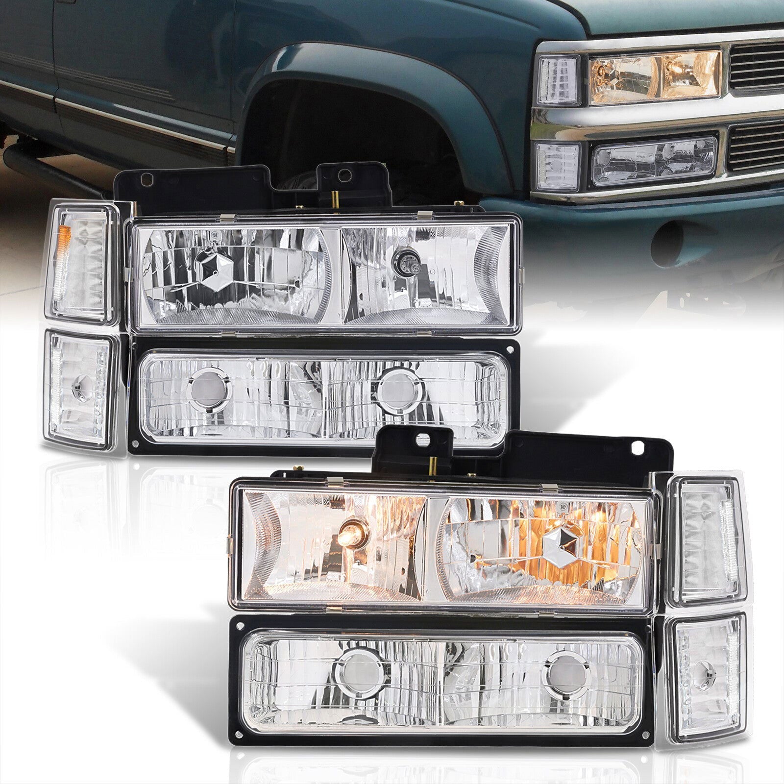 Chevrolet C/K 1500 2500 3500 1994-1998 Factory Style Headlights + Bumper + Corner Lights Chrome Housing Clear Len Clear Reflector - Parts Agent