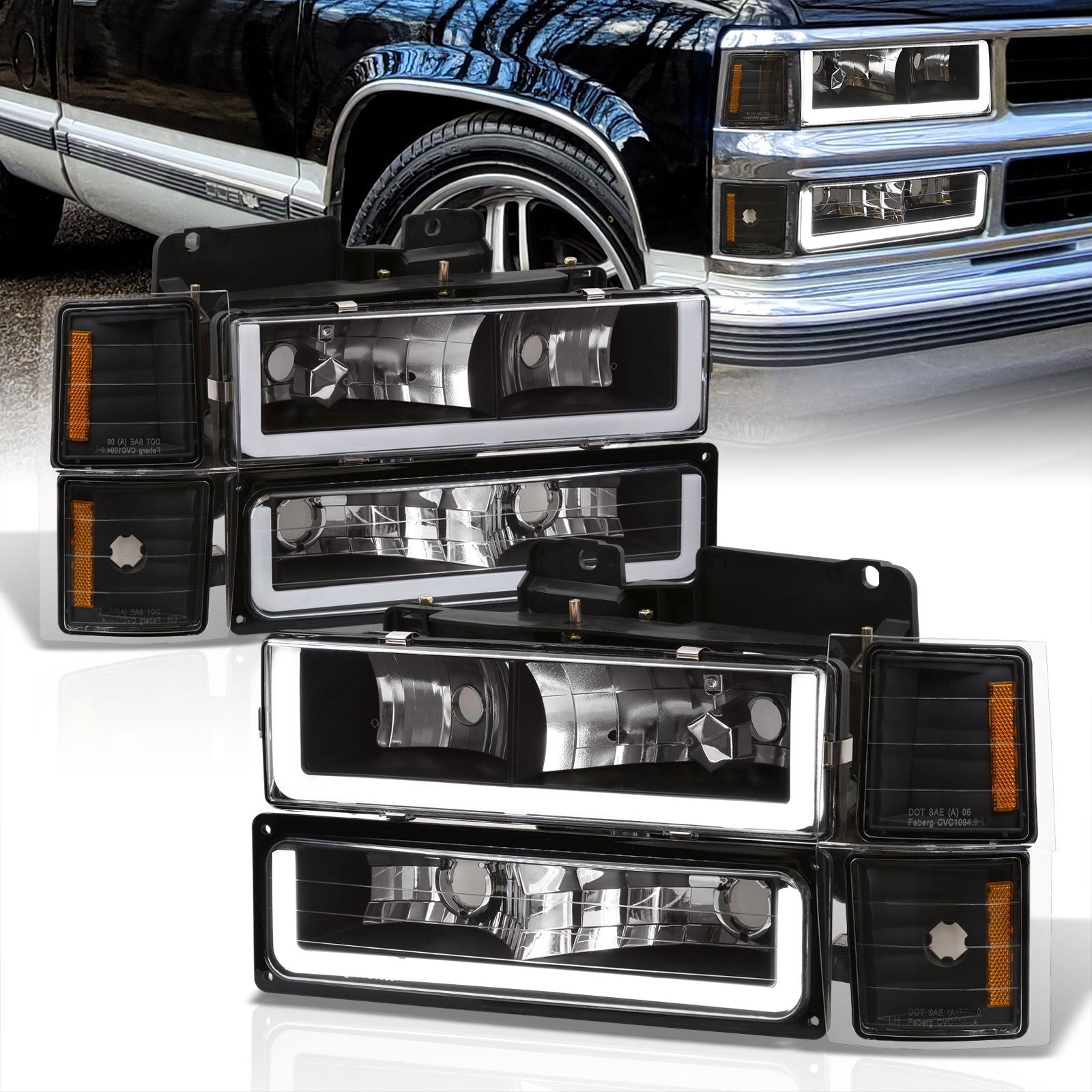 Chevrolet C/K 1500 2500 3500 1994-1998 LED DRL Bar Factory Style Headlights + Bumpers + Corners Black Housing Clear Len Amber Reflector - Parts Agent
