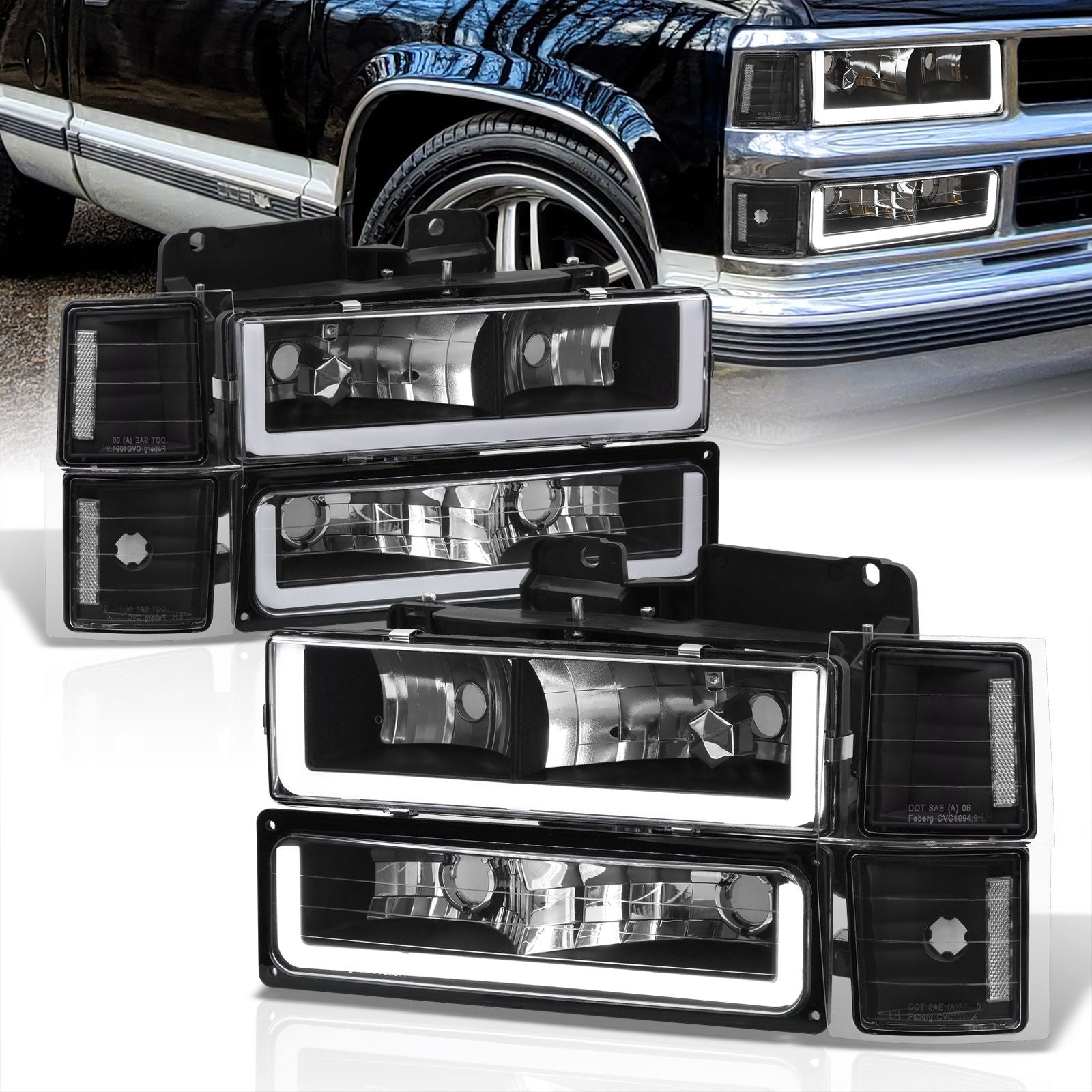 Chevrolet C/K 1500 2500 3500 1994-1998 LED DRL Bar Factory Style Headlights + Bumpers + Corners Black Housing Clear Len Clear Reflector - Parts Agent