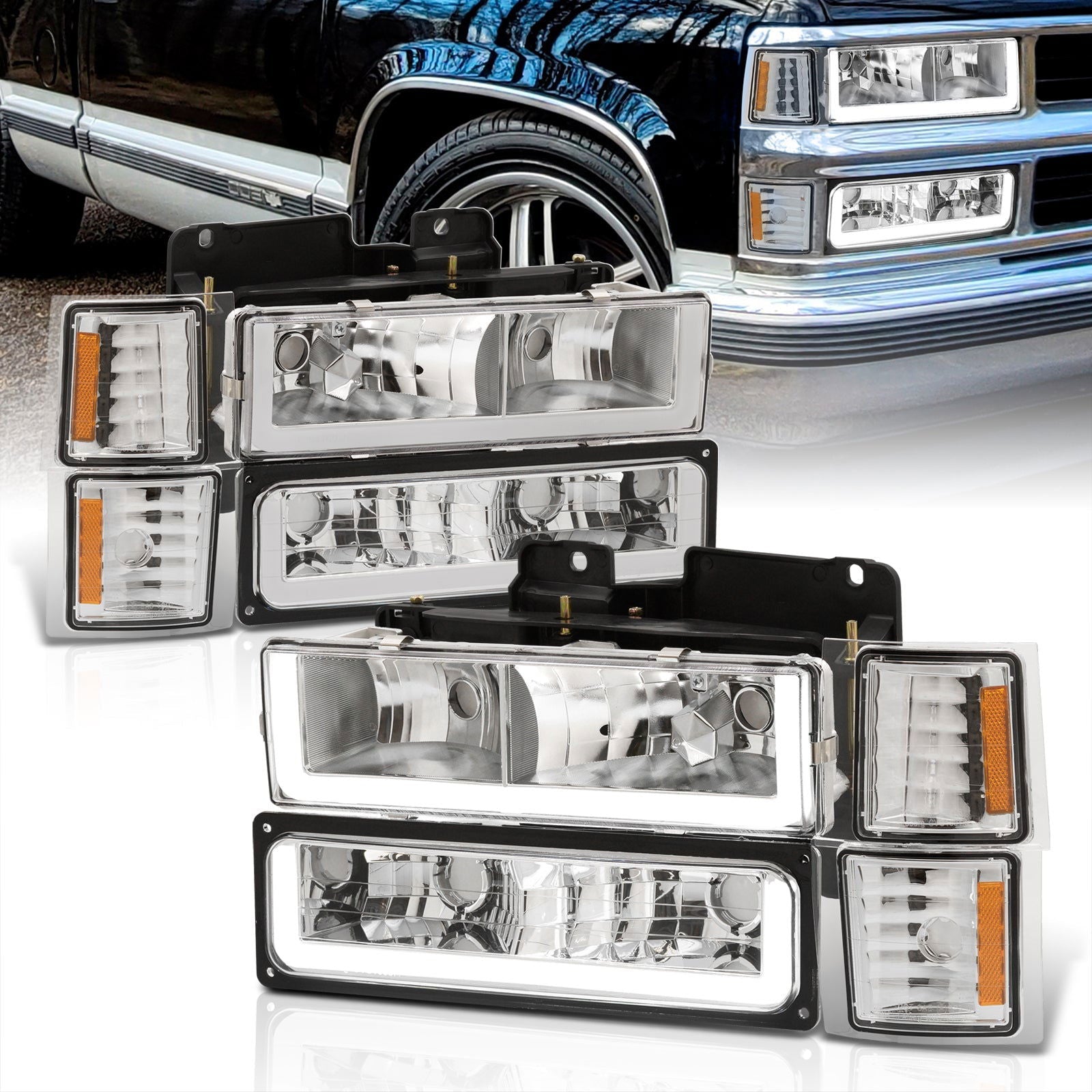 Chevrolet C/K 1500 2500 3500 1994-1998 LED DRL Bar Factory Style Headlights + Bumpers + Corners Chrome Housing Clear Len Amber Reflector - Parts Agent