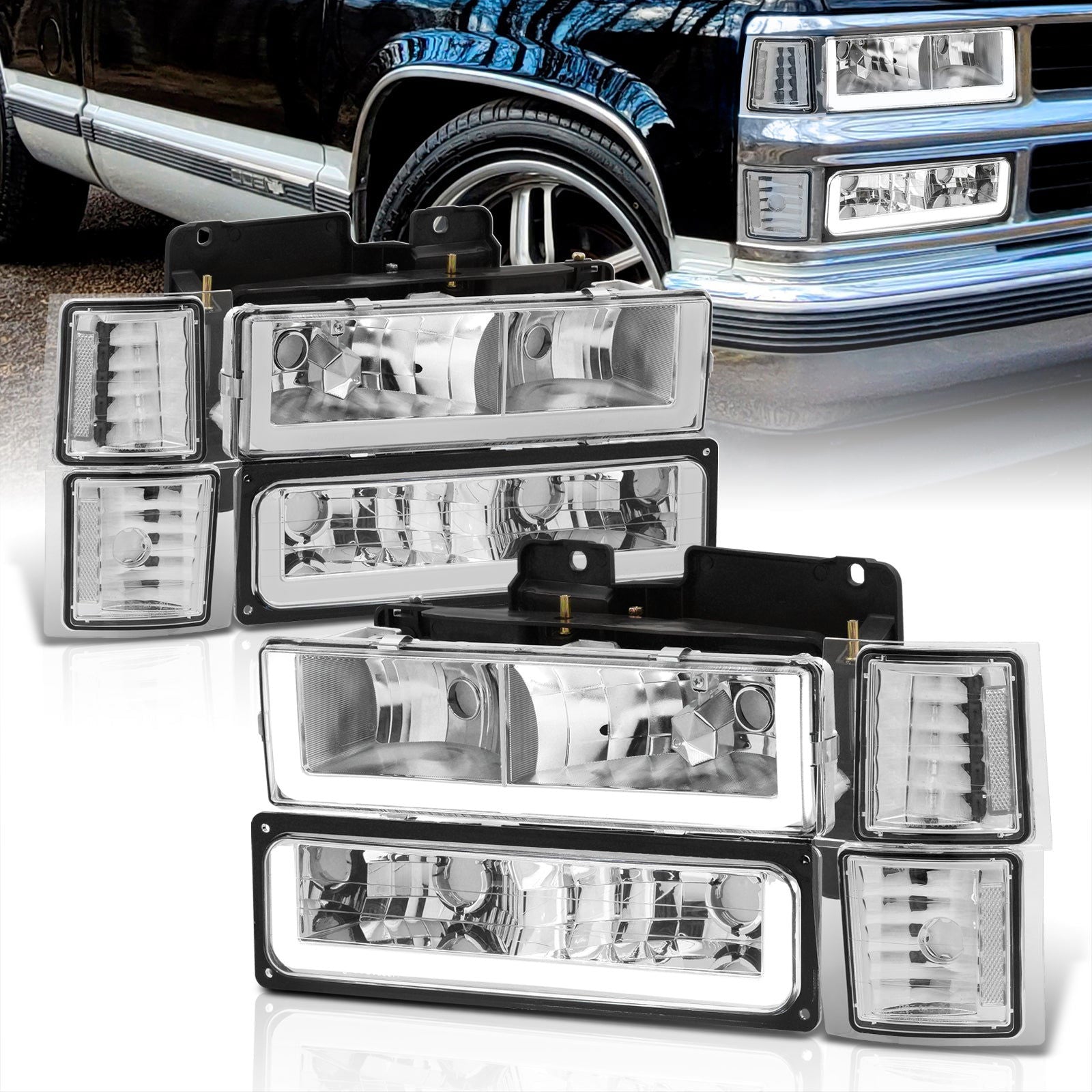 Chevrolet C/K 1500 2500 3500 1994-1998 LED DRL Bar Factory Style Headlights + Bumpers + Corners Chrome Housing Clear Len Clear Reflector - Parts Agent