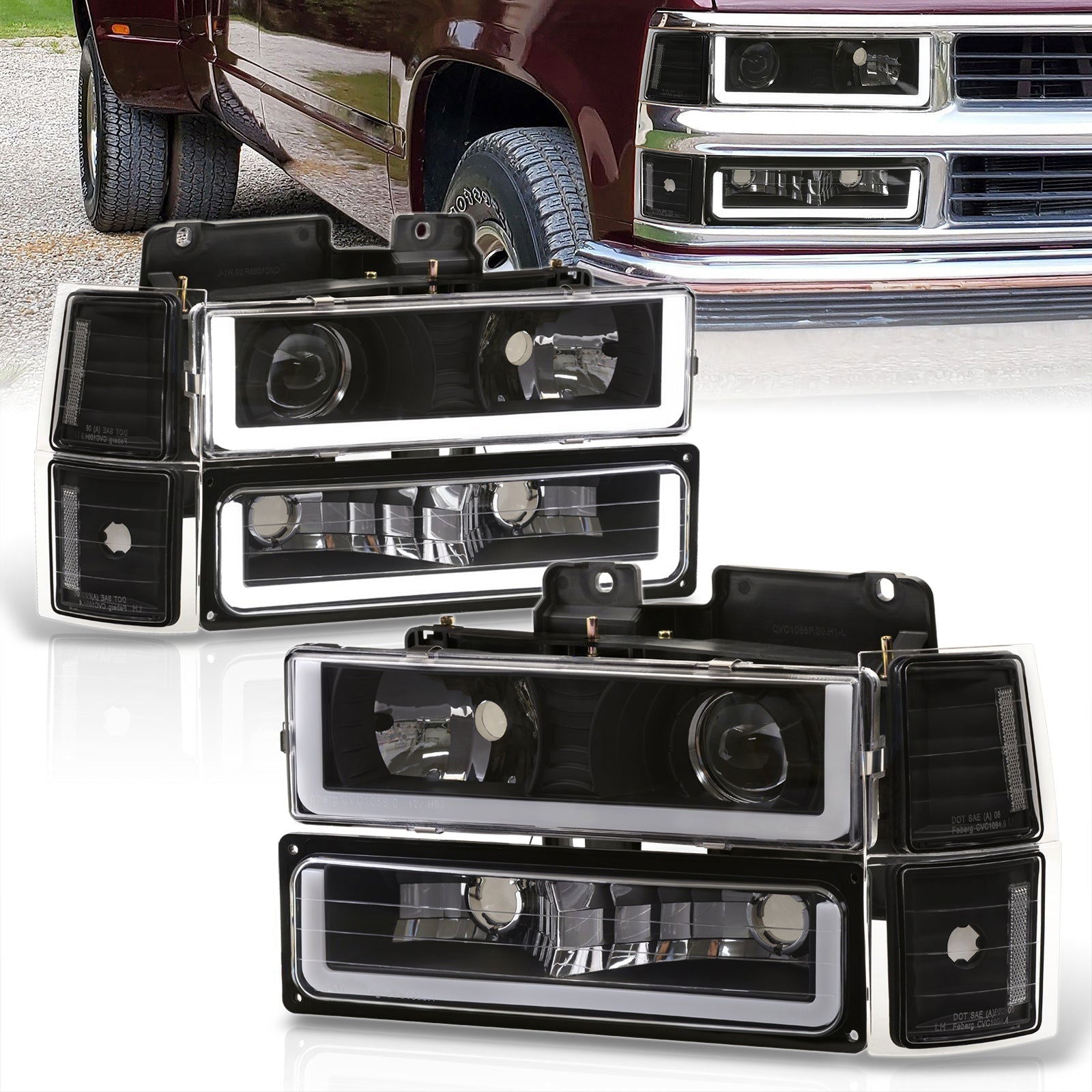 Chevrolet C/K 1500 2500 3500 1994-1998 LED DRL Bar Projector Headlights + Bumpers + Corners Black Housing Clear Len Clear Reflector - Parts Agent