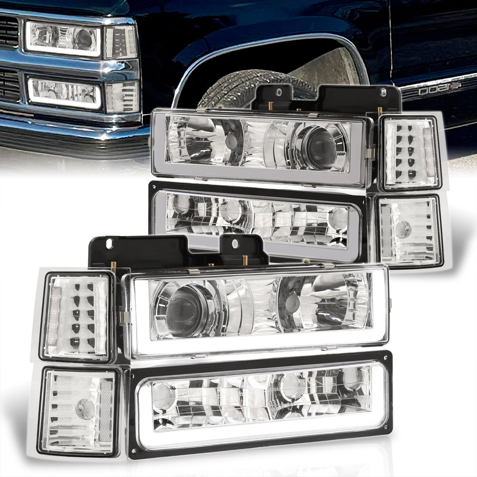 Chevrolet C/K 1500 2500 3500 1994-1998 LED DRL Bar Projector Headlights + Bumpers + Corners Chrome Housing Clear Len Clear Reflector - Parts Agent