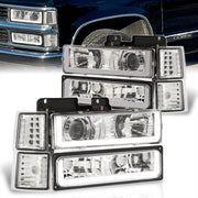 Chevrolet C/K 1500 2500 3500 1994-1998 LED DRL Bar Projector Headlights + Bumpers + Corners Chrome Housing Clear Len Clear Reflector - Parts Agent