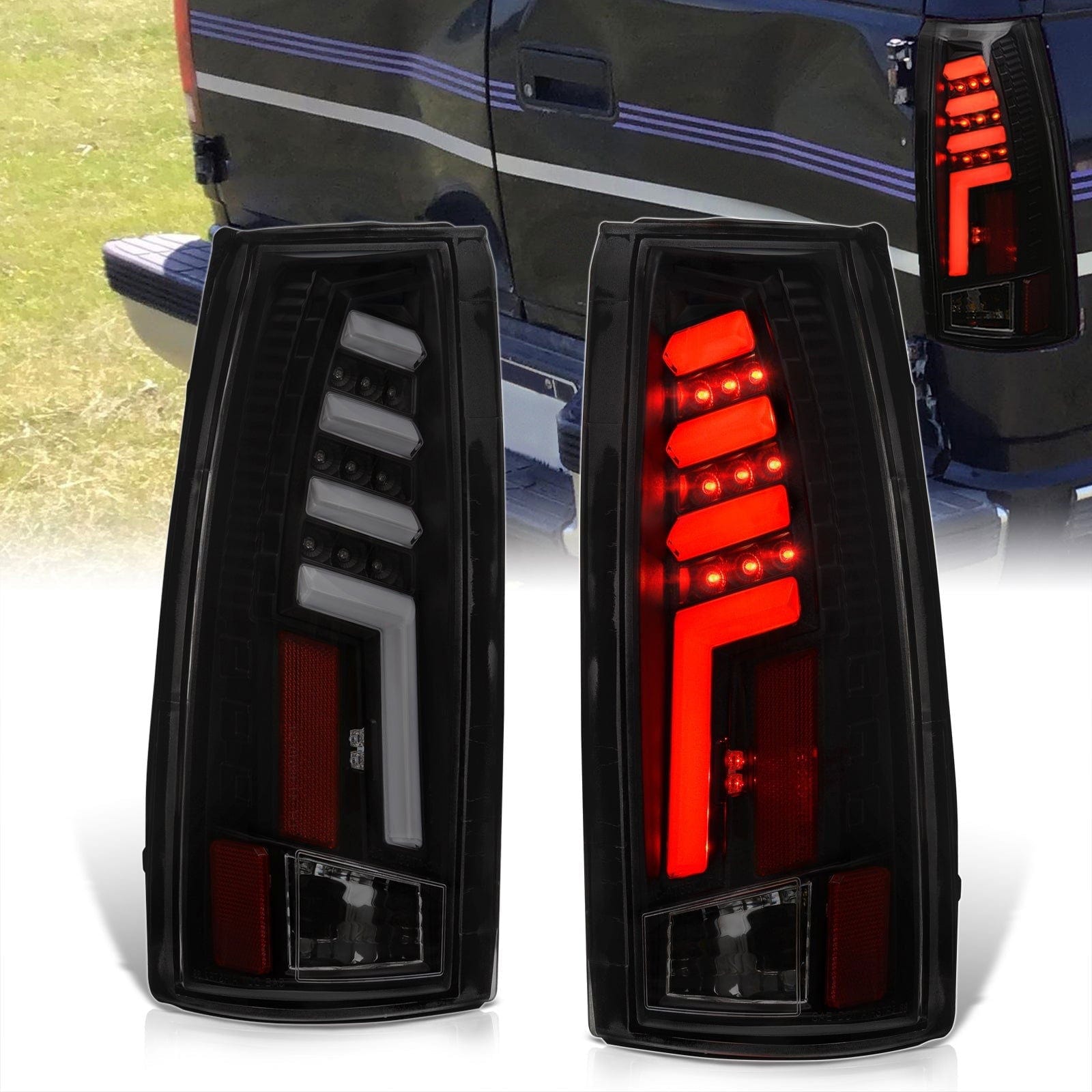 Chevrolet C/K 1988-1999 / Suburban 1992-1999 / Tahoe 1995-1999 / Blazer Full Size 1992-1994 / GMC C/K 1988-1999 / Yukon 1992-1999 / Cadillac Escalade 1999-2000 LED Bar Tail Lights Black Housing Smoke Len White Tube - Parts Agent